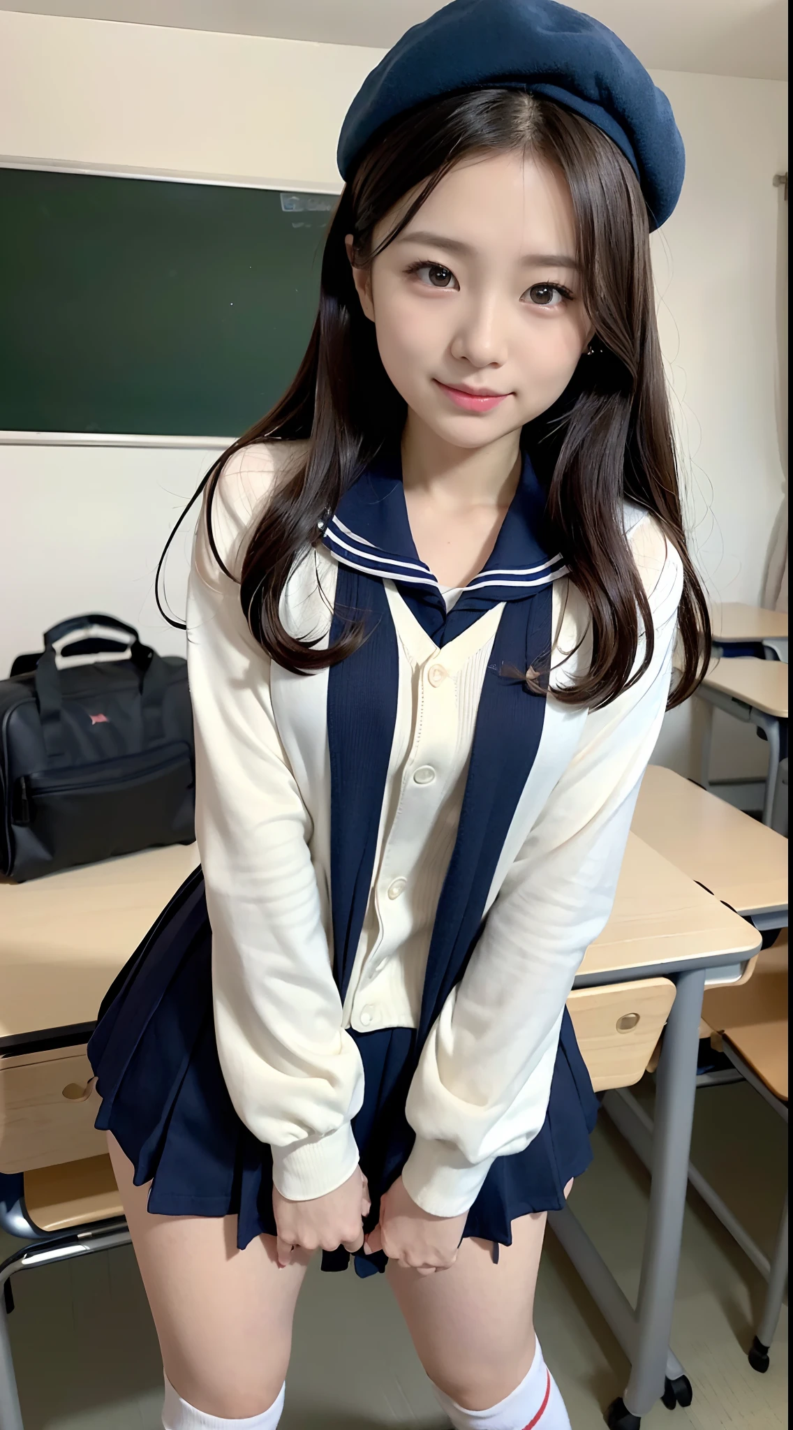 mix4, (16 K, Raw photography, Top image quality, ​masterpiece: 1.45), (realisitic, Photorealsitic: 1.37), one girls, 7．5, etc、Random hairstyle、Standing figure，Daytime、a very cute,Inside the school building,, profetional lighting, photon maping、physically-based renderingt, Gradient dark brown hair,Crisp backgrounds and high resolution, a handsome, Well-groomed and beautiful eyes、Large double eyelids、Very shiny、girl with, (((student clothes、Winter clothes、Sailor suit worn by Japan schoolgirl、Navy blue sailor color、scarf、a miniskirt, Small beret、high socks、lowfers、Frugal bag))), Top Quality Photos, hight resolution, 1080p, (clearface), (Detailed face description), (Detailed hand description), (​masterpiece), (Exquisite CG)、extreme light and shadows、dishevled hair、master work、abundant detail、(Fine facial features)、(top quality photo)、(masuter piece)、(A detailed eye)、Look in front of you、Fine clavicle、((Slender big))、(((Japan schoolgirl in sailor suit)))、((Idle system))、((school classrooms、chalk board、desk and chair、Window side))、(((neat and cute)))、耳Nipple Ring、A big smile、Drawing the whole body from the knees、Do not draw nasolabial folds、(((Long sleeve sailor suit)))、(Big breasts that hang down big:1.2)、Big buttocks with tension、Two arms and two legs、(((from the front side:0.3)))、bare hand、No mask、No skin exposure