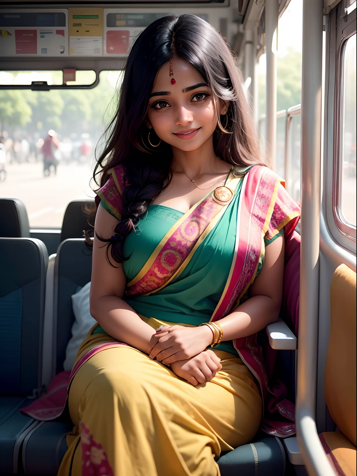 An Indian woman in a full busy bus. She is vert happy, smiling and her face is glowing and expressing her beauty, she has beautiful hair. The image have a vignette effect in which her face is in focus. Perfect face to body ratio 1.6