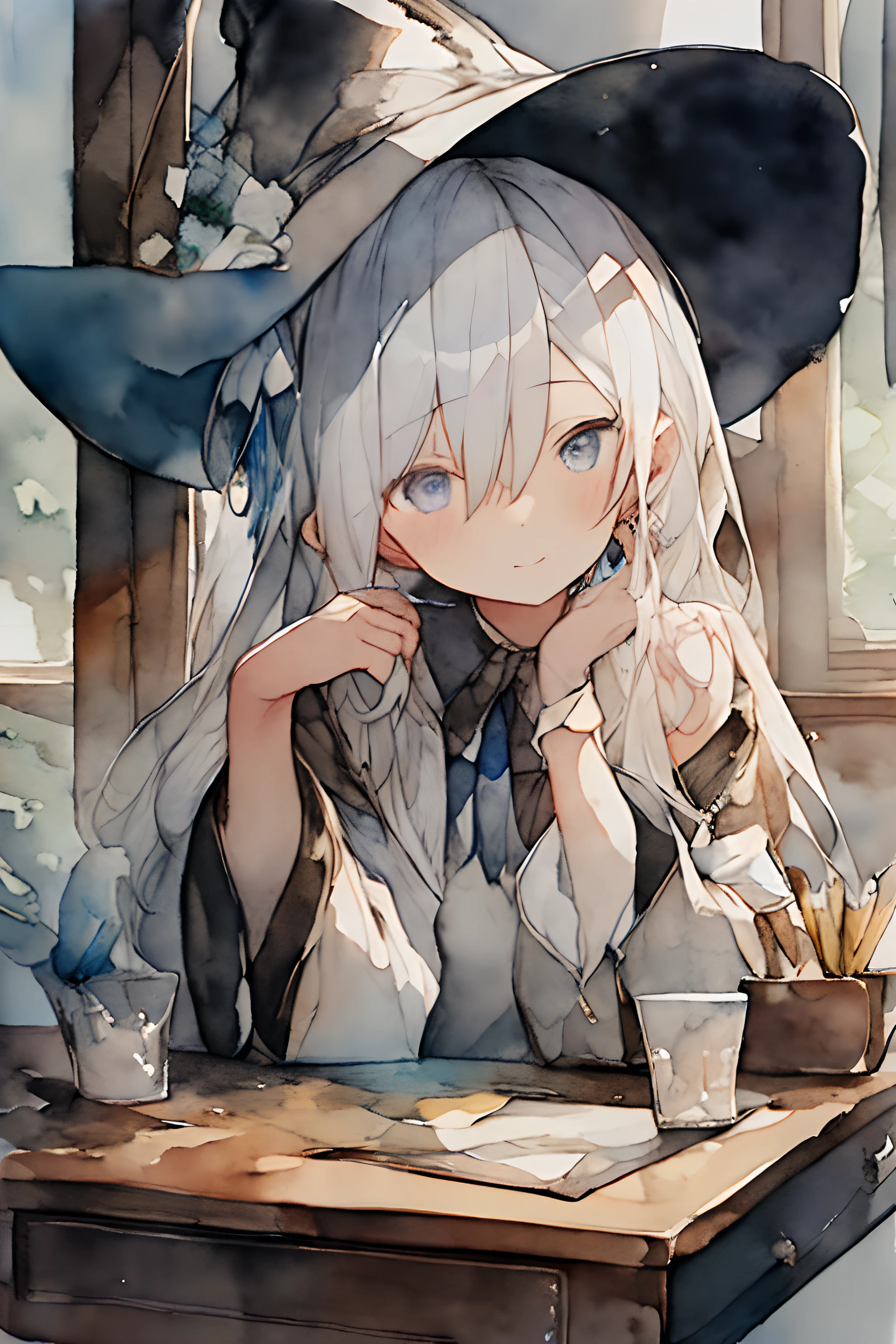 (watercolor paiting:1.2),1girl in, 独奏, portraitures, Sateen、bangss, signed, white  hair, length hair, Hair between the eyes of a Caucasian, White earrings、barechested、Shoulder、the witch、witch's hat、schools、magic school、‎Classroom