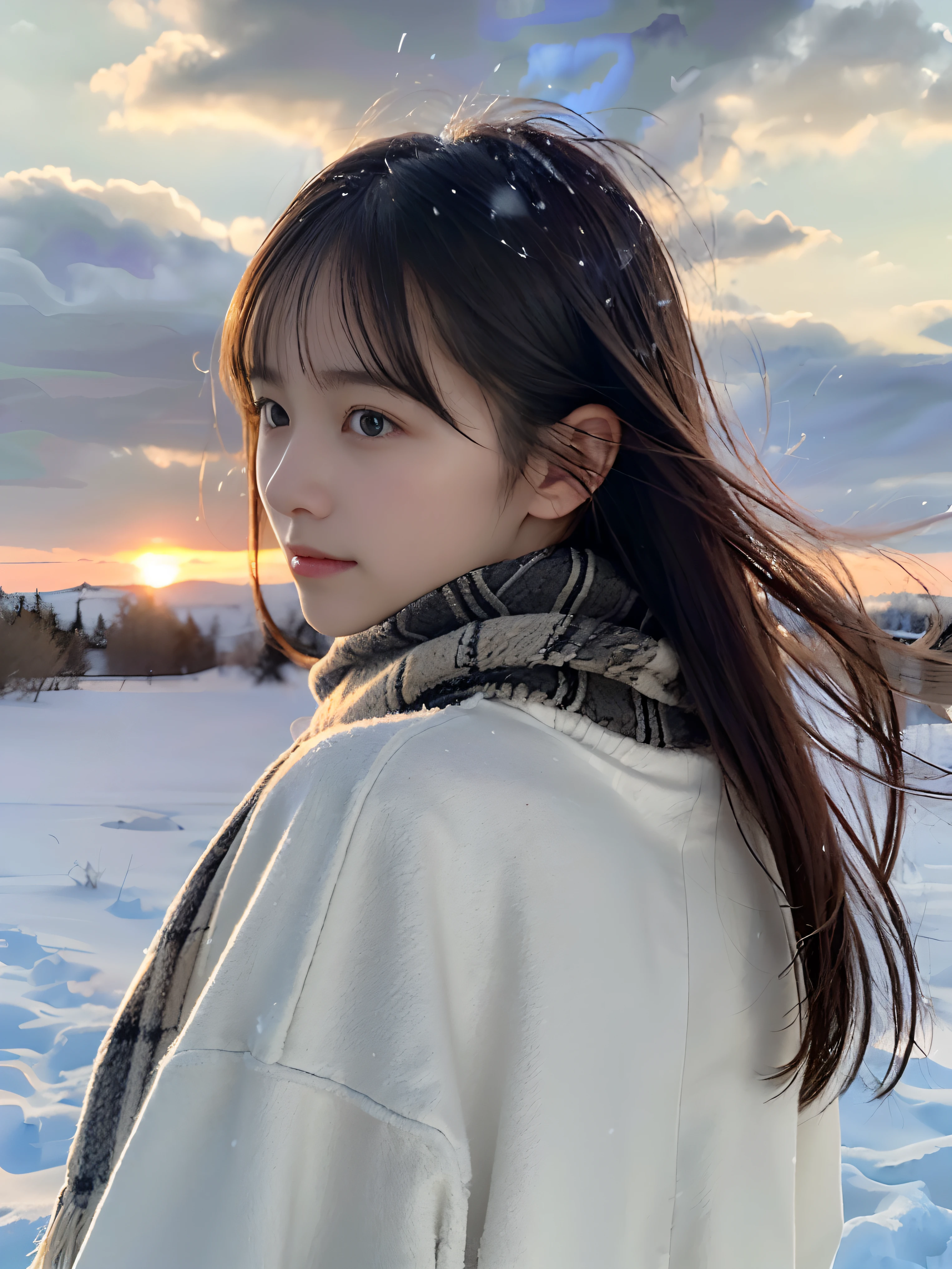 (A close-up portrait from behind of one slender girl has long hair with dull bangs and a scarf coat in winter uniform:1.5)、(One girl turned around with a sad face with hair fluttering in the wind :1.3)、(Beautiful snowy sunset red sky:1.5)、(Perfect Anatomy:1.3)、(No mask:1.3)、(complete fingers:1.3)、Photorealistic、Photography、masutepiece、top-quality、High resolution, delicate and pretty、face perfect、Beautiful detailed eyes、Fair skin、Real Human Skin、pores、((thin legs))、(Dark hair)