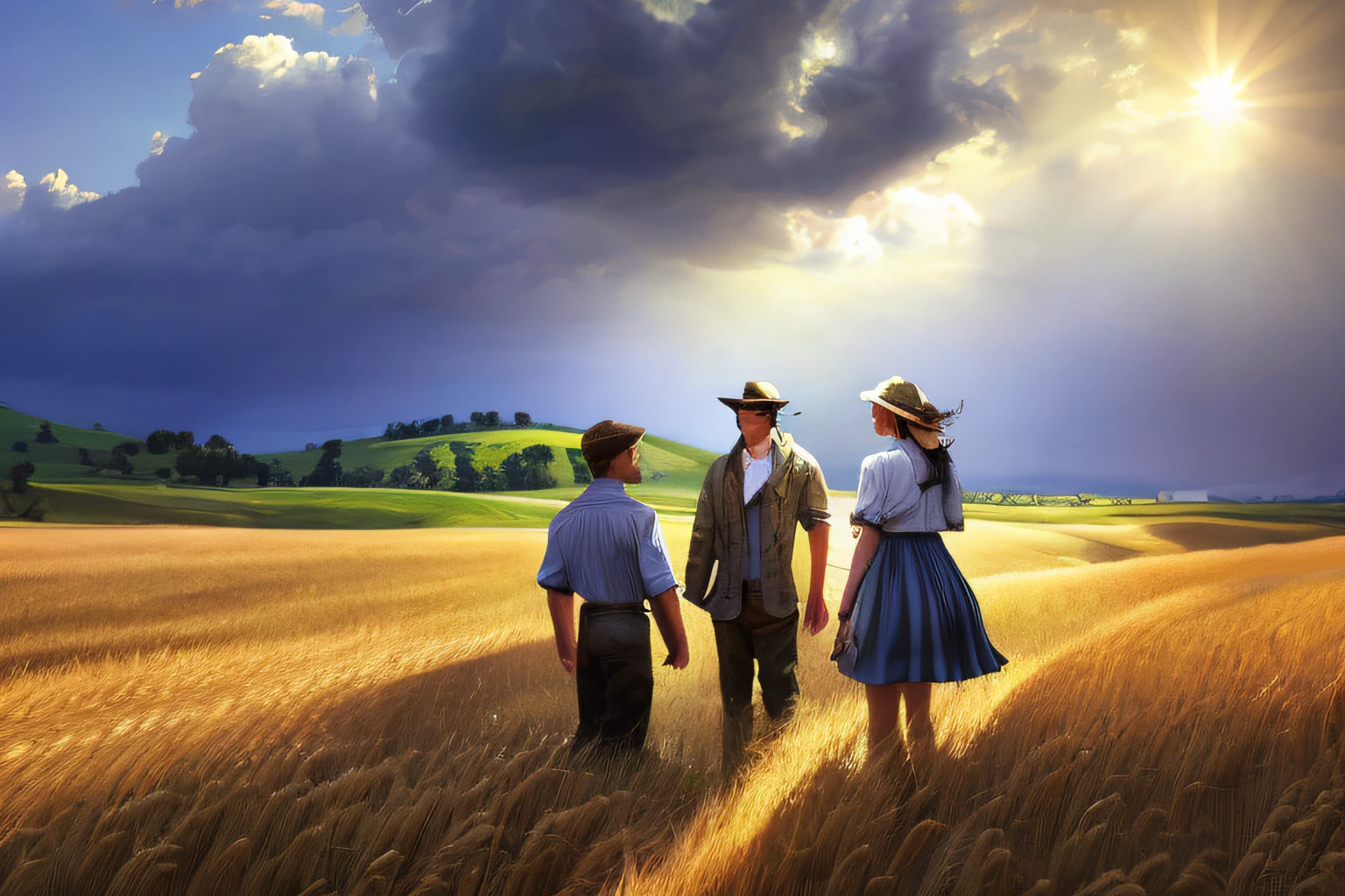 scene of a clouds, 3 people, bustling wheat, great big storm, sunlight, glow, scenery concept art, overgrowth. by Renoir , relaxing concept art, traditional classic concept art, a beautiful artwork illustration. high detail, background art, detailed concept art, environment design illustration, concept art highly detailed