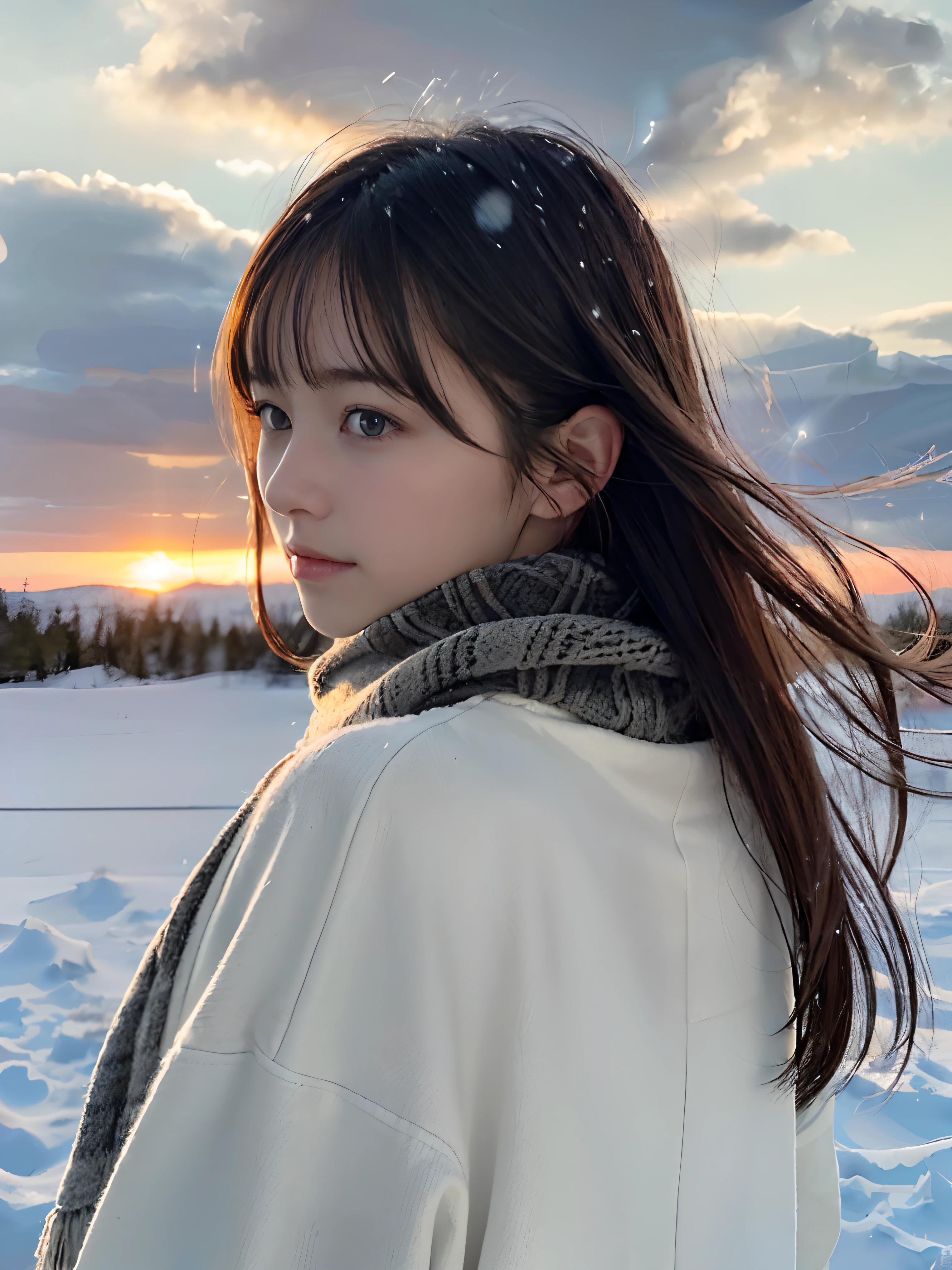 (A close-up portrait from behind of one slender girl has long hair with dull bangs and a scarf coat in winter uniform:1.5)、(One girl turned around with a sad face with hair fluttering in the wind :1.3)、(Beautiful snowy sunset red sky:1.5)、(Perfect Anatomy:1.3)、(No mask:1.3)、(complete fingers:1.3)、Photorealistic、Photography、masutepiece、top-quality、High resolution, delicate and pretty、face perfect、Beautiful detailed eyes、Fair skin、Real Human Skin、pores、((thin legs))、(Dark hair)