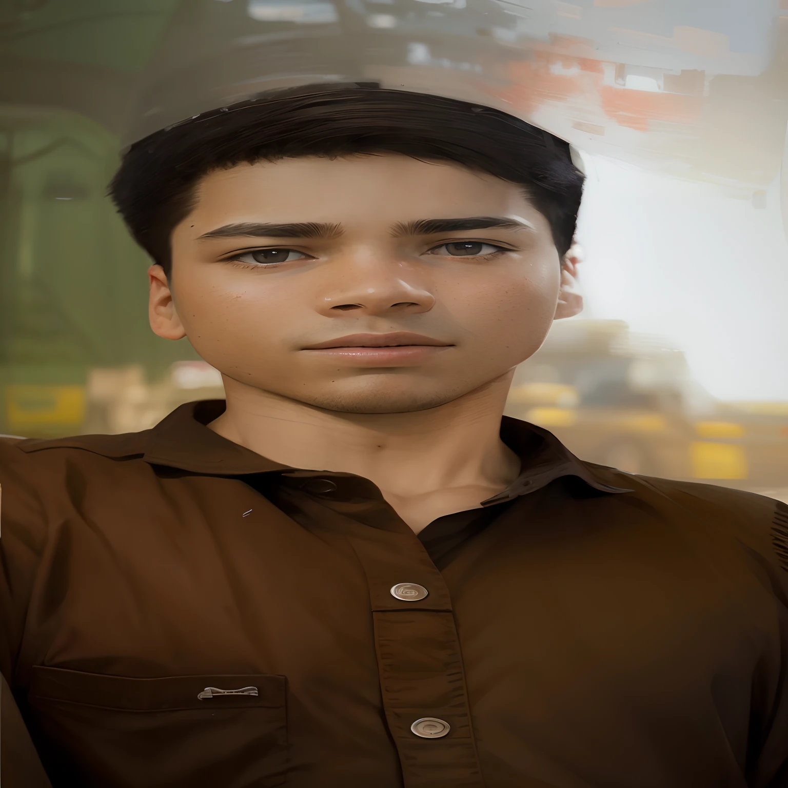 A boy with a car drink red vine Street futuris tic background realistic