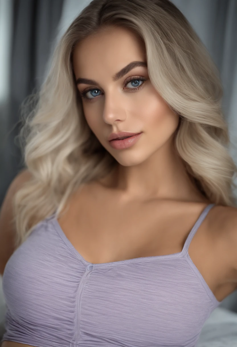 woman with matching tank top and panties, Sexy girl with blue eyes, portrait sophie mudd, portrait corinna kopf, blonde hair and large eyes, Selfie einer jungen Frau, Augen im Schlafzimmer, Violet Myers, ohne Make-up, Natural makeup, Blick direkt in die Kamera, Gesicht mit Artgram, dezentes Make-up, Stunning full body shot, im Schlafzimmer, Spaltung