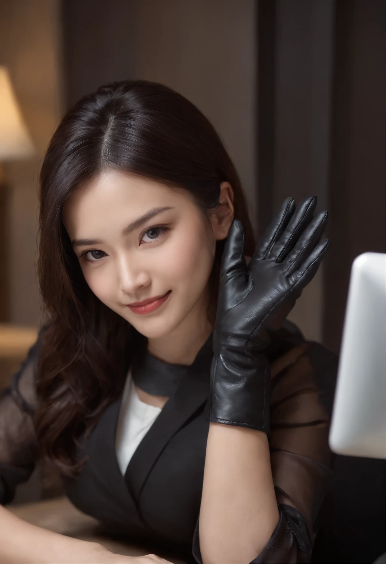 Wearing black leather gloves on both hands, Upper body, Black business suit, Facing the desk in my room with a computer in the dark, Look down and smile, Operating the computer with the fingertips of black leather gloves, Black hair was tied back for a long time, Japan female new employee who is still young and very cute (Black leather gloves cover both hands)kindly smile