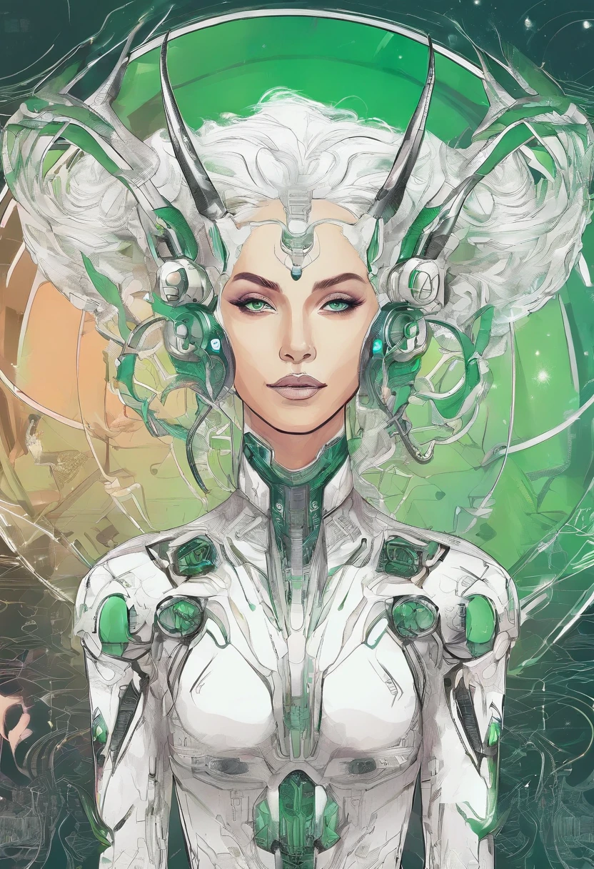 hand drawn sketch illustration of a beautiful tiefling with white hair, green eyes, symmetrical dragon horns, illustration, watercolor sketch, (best quality)), intricate detailed,