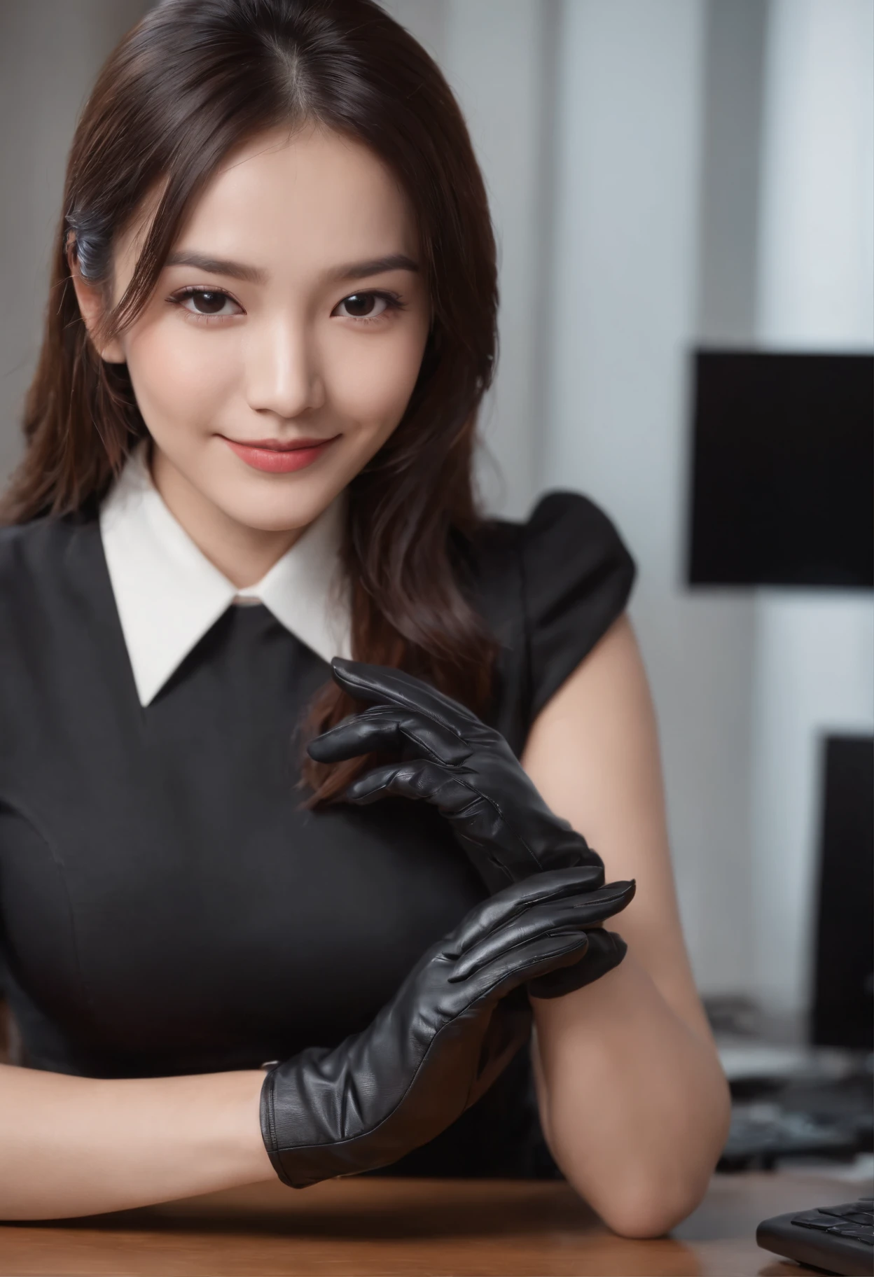Wearing black leather gloves on both hands, Upper body, Black business suit, Facing the desk in my room with a computer in the dark, Look down and smile, Operating the computer with the fingertips of black leather gloves, Black hair was tied back for a long time, Japan female new employee who is still young and very cute (Black leather gloves cover both hands)kindly smile