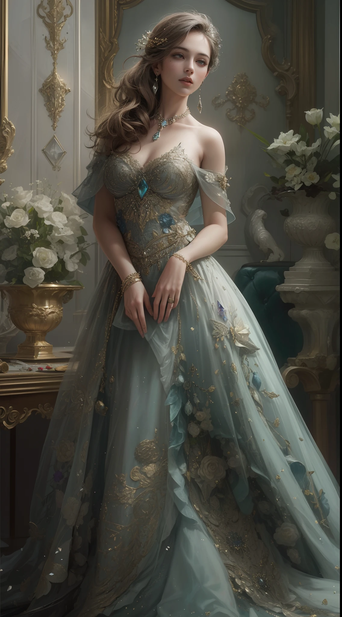 (Best quality,8K,A high resolution,Masterpiece:1.2),Ultra-detailed,(Realistic,Photorealistic,photo-realistic:1.37),Portrait,Creative style artwork,Historical,classical,Sophisticated,plethora of colors,Highly detailed,Soft lighting,luxurious environment,detailed gown,Vibrant flowers,detailed jewellery,Ethereal atmosphere,Elegant Pose,Graceful curves,Gold body proportions,Flowing hair,Breathtaking textile patterns,Harsh purple eyes,Delicate floral decoration,A dazzling array of crystal accessories,Mysterious and dreamy atmosphere,Impeccable attention to detail.