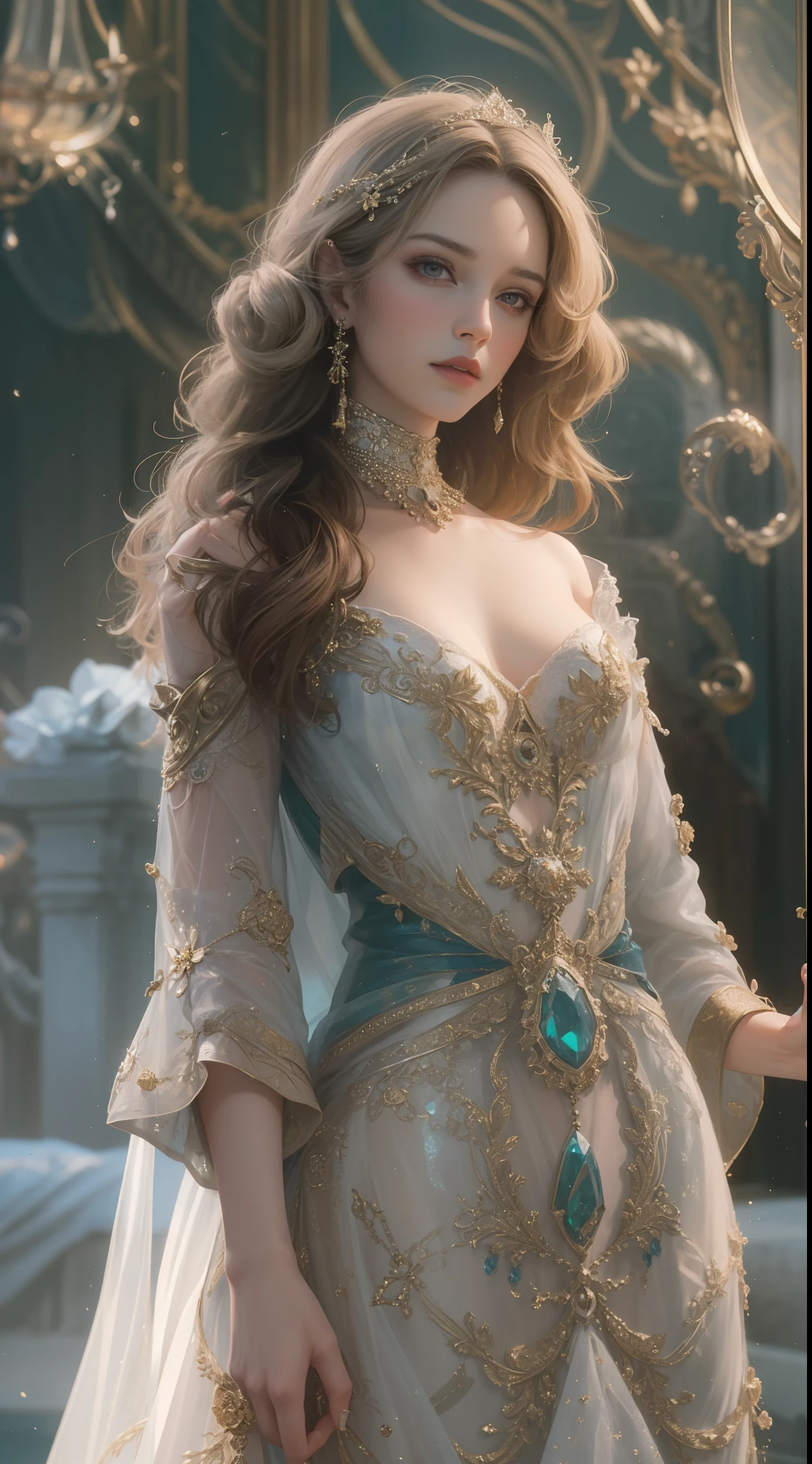 (Best quality,8K,A high resolution,Masterpiece:1.2),Ultra-detailed,(Realistic,Photorealistic,photo-realistic:1.37),Portrait,Creative style artwork,Historical,classical,Sophisticated,plethora of colors,Highly detailed,Soft lighting,luxurious environment,detailed gown,Vibrant flowers,detailed jewellery,Ethereal atmosphere,Elegant Pose,Graceful curves,Gold body proportions,Flowing hair,Breathtaking textile patterns,Harsh purple eyes,Delicate floral decoration,A dazzling array of crystal accessories,Mysterious and dreamy atmosphere,Impeccable attention to detail.