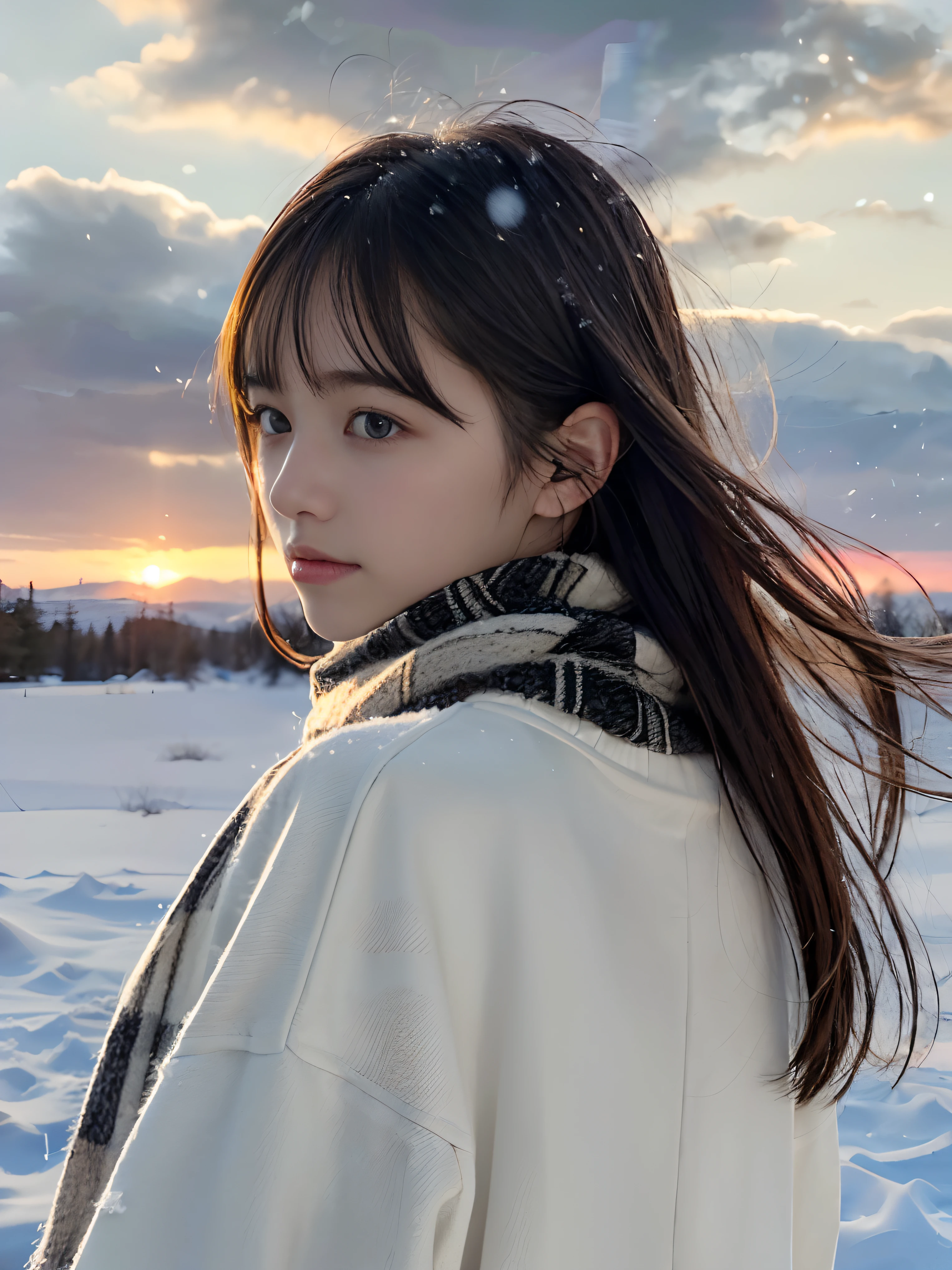 (A close-up portrait from behind of one slender girl has long hair with dull bangs and a scarf coat in winter uniform:1.5)、(One girl turned around with a sad face with hair fluttering in the wind :1.3)、(Beautiful snowy sunset red sky:1.5)、(Perfect Anatomy:1.3)、(No mask:1.3)、(complete fingers:1.3)、Photorealistic、Photography、masutepiece、top-quality、High resolution, delicate and pretty、face perfect、Beautiful detailed eyes、Fair skin、Real Human Skin、pores、((thin legs))、(Dark hair)