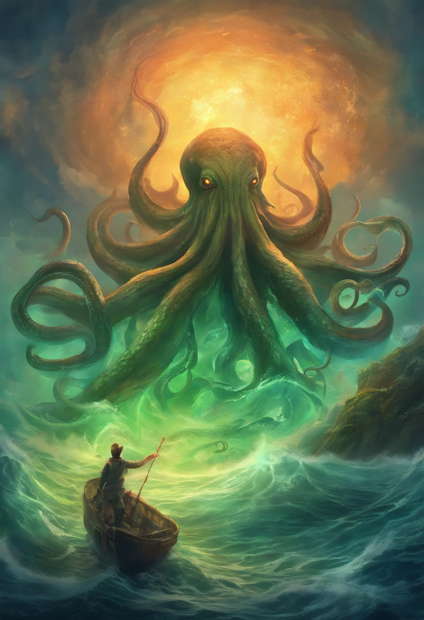 polvo atacando um navio no oceano com um navio ao fundo, An album cover by Lovecraft, Shutterstock, surrealismo, Lula de Cthulhu, mixture of tentacle creatures, Cthulhu subindo do oceano, foto Cthulhu, leviathan cthulhu squid, Cthulu, Criatura marinha lovecraftiana, Giant powder, fenda, cephalopod, Mitos de Cthulhu, tentacle monster