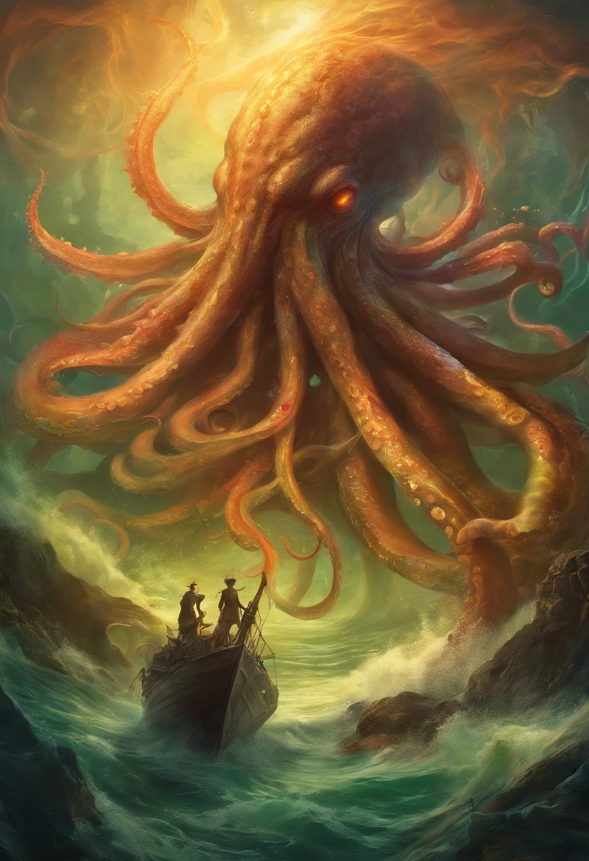 polvo atacando um navio no oceano com um navio ao fundo, An album cover by Lovecraft, Shutterstock, surrealismo, Lula de Cthulhu, mixture of tentacle creatures, Cthulhu subindo do oceano, foto Cthulhu, leviathan cthulhu squid, Cthulu, Criatura marinha lovecraftiana, Giant powder, fenda, cephalopod, Mitos de Cthulhu, tentacle monster