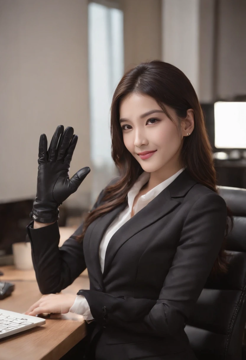 Wearing black leather gloves on both hands, Upper body, Black business suit, Facing the desk in my room with a computer in the dark, Look down and smile, Operating the computer with the fingertips of black leather gloves, Black hair was tied back for a long time, Japan female new employee who is still young and very cute (Black leather gloves cover both hands)kindly smile