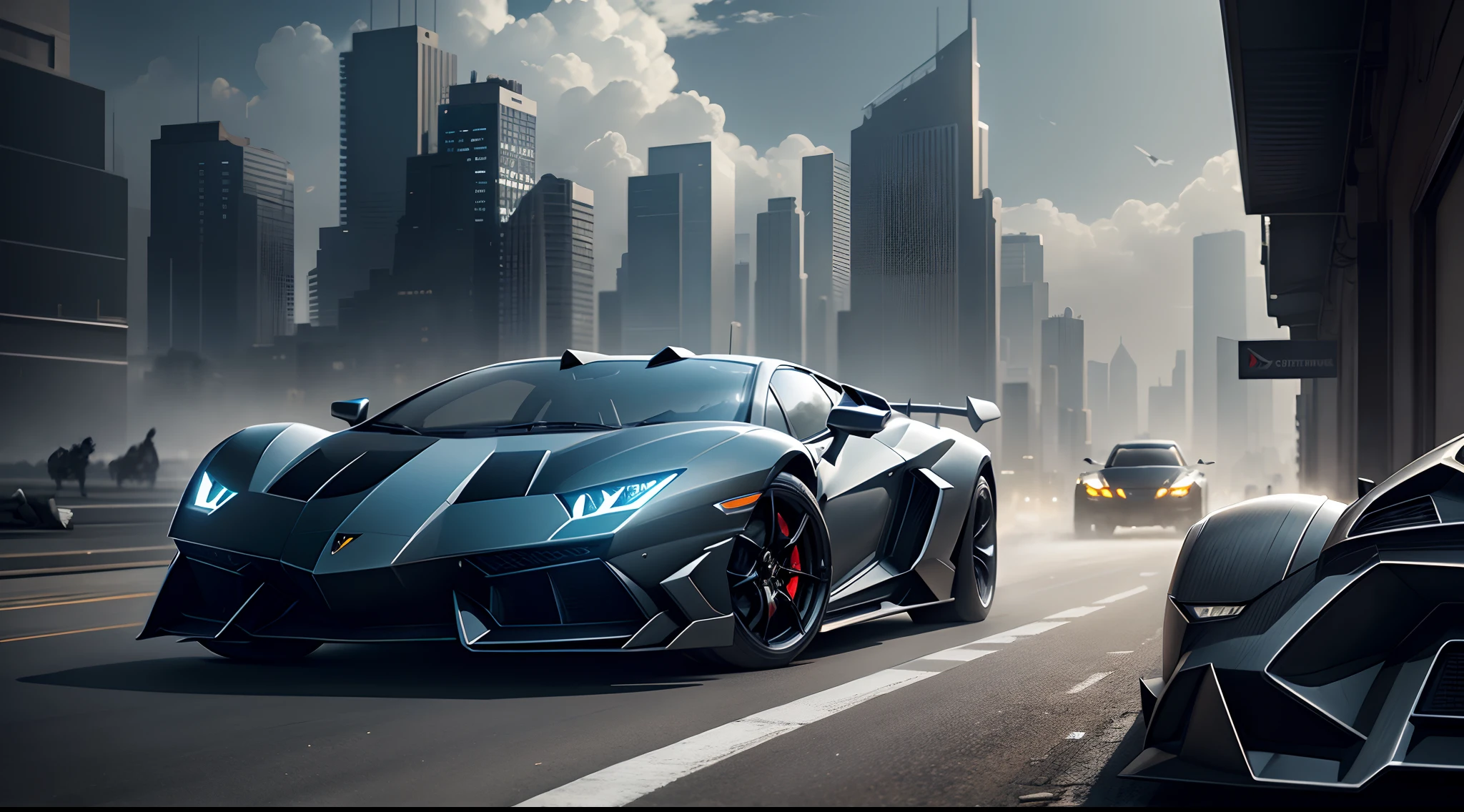 Dark Knight Car Batman Lamborghini Titanium black color concept art backround gotem futuristic city