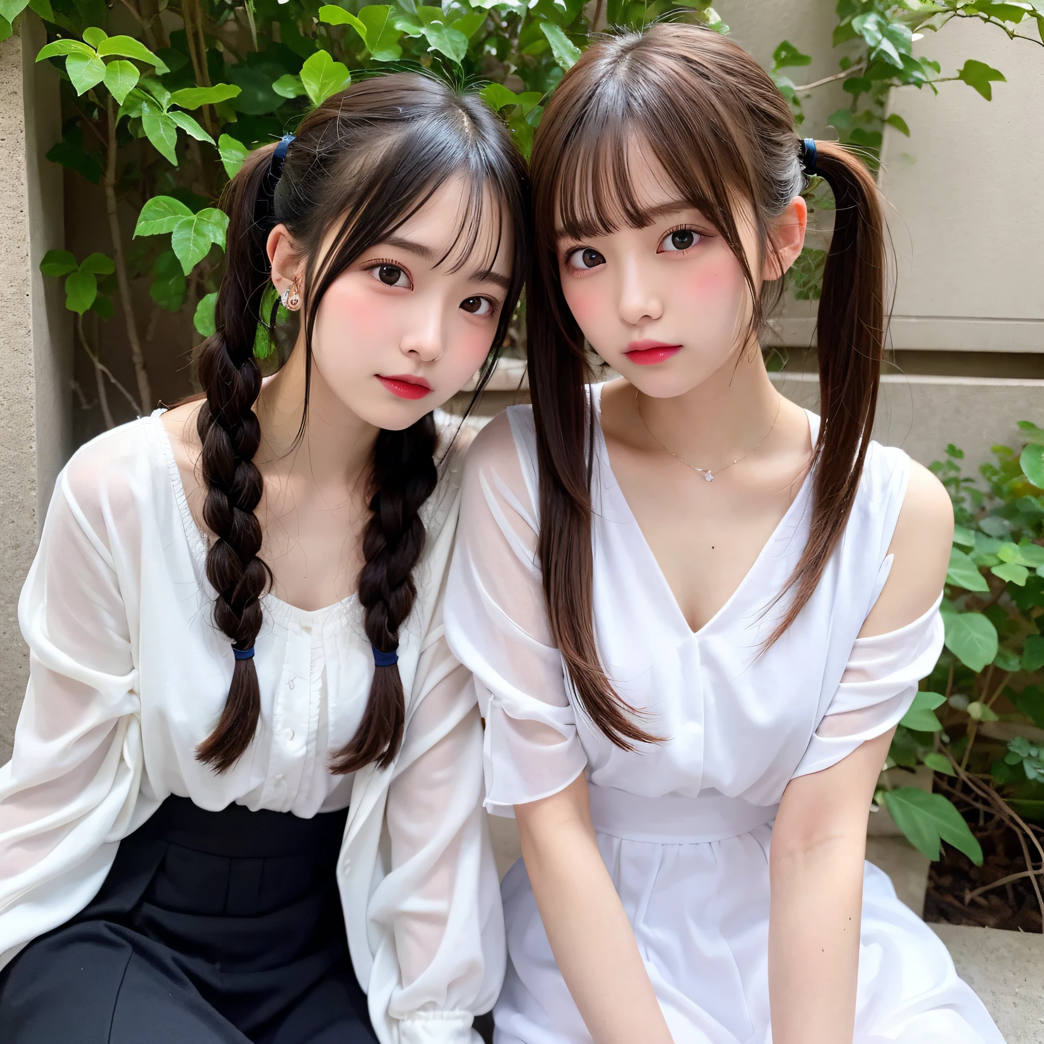 , 2girls, White clothes, Twintail hairstyles,up of face、Glossy lips