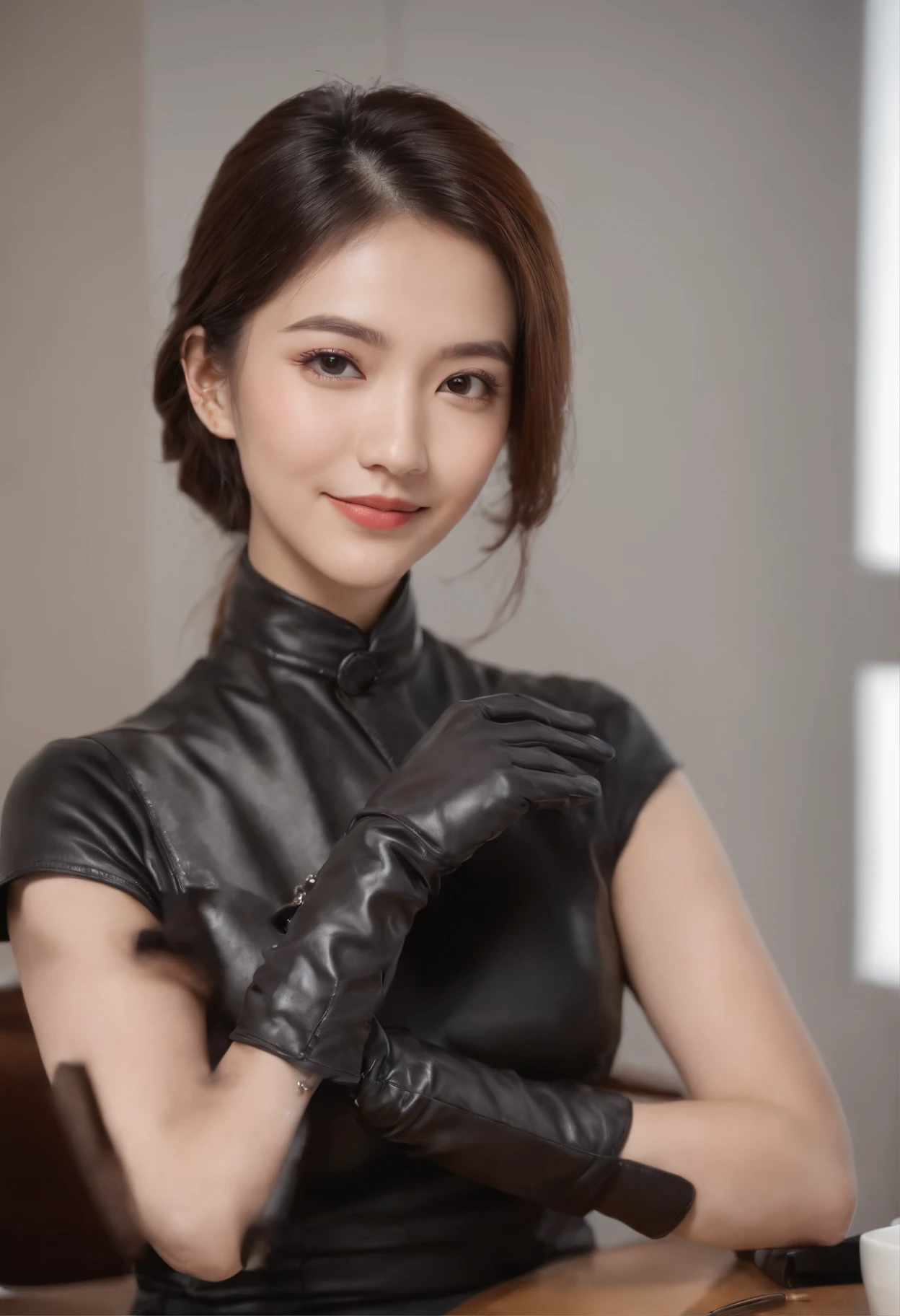 Wearing black leather gloves on both hands, Upper body, Black business suit, Facing the desk in my room with a computer in the dark, Look down and smile, Operating the computer with the fingertips of black leather gloves, Black hair was tied back for a long time, Japan female new employee who is still young and very cute (Black leather gloves cover both hands)kindly smile