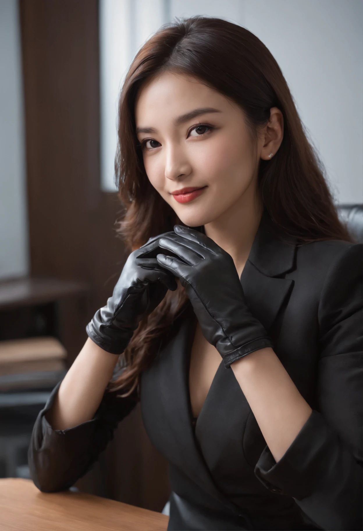 Wearing black leather gloves on both hands, Upper body, Black business suit, Facing the desk in my room with a computer in the dark, Look down and smile, Operating the computer with the fingertips of black leather gloves, Black hair was tied back for a long time, Japan female new employee who is still young and very cute (Black leather gloves cover both hands)kindly smile