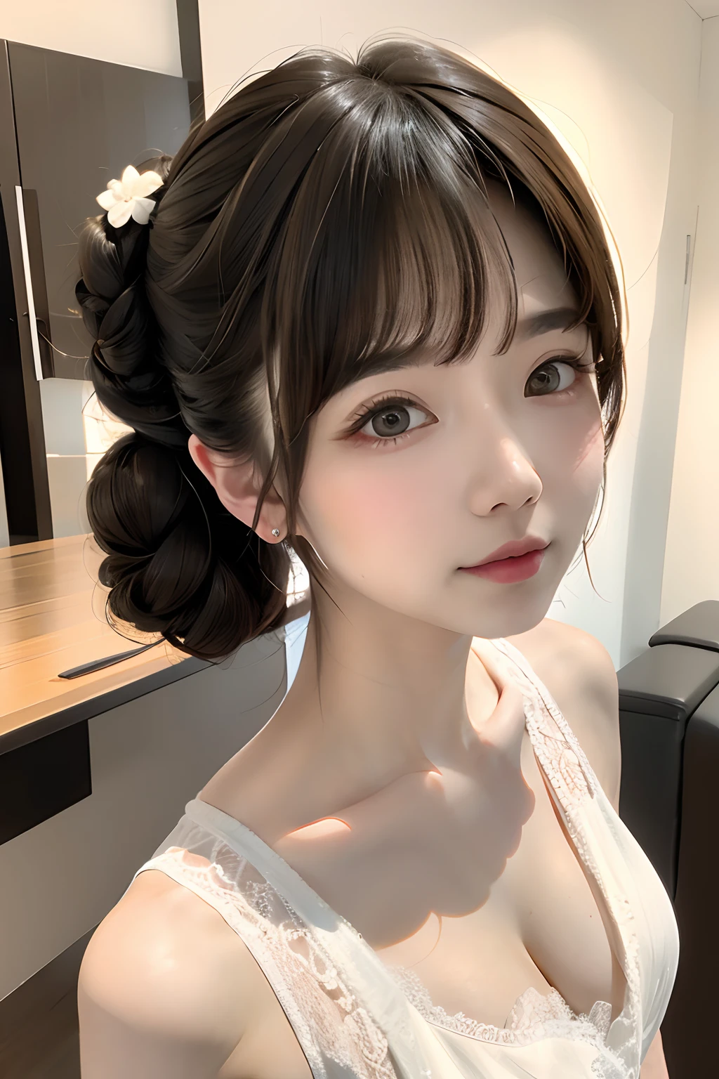 (Grimm fairy tale world),(schneewichen,Princess Snow White:1.3),(who is the most beautiful in the world?  Mirror showing Snow White asking a question.:1.3))),(((Girl in the mirror;1.3))),(((Luxurious gold frame mirror:1.3))),Snow-white skin, cheeks and lips red like blood,Eyes as black as the wood of an ebony window frame.(Make the subject look three-dimensional with the contrast of light and shadow),Cute and beautiful girl,Cute round face,Cute smile,with blush cheeks,Red Lip,(silver white hair,Floral braided headband,half up、Floral Braided Space Van,Voluminous Fishtail Braids,Twisted chignon,),(Bangs are see-through bangs),hair pin,hair adornments,detailed clothes features,Detailed hair features,detailed facial features,(Dynamic angles),(Dynamic and sexy poses),profetional lighting,Cinematic Light,(masutepiece,top-quality,Ultra-high resolution output image, depth of fields,) ,(The 8k quality,depth of fields,Anatomically accurate facial structure,),(Sea Art 2 Mode:1.3),(Image Mode Ultra HD,)