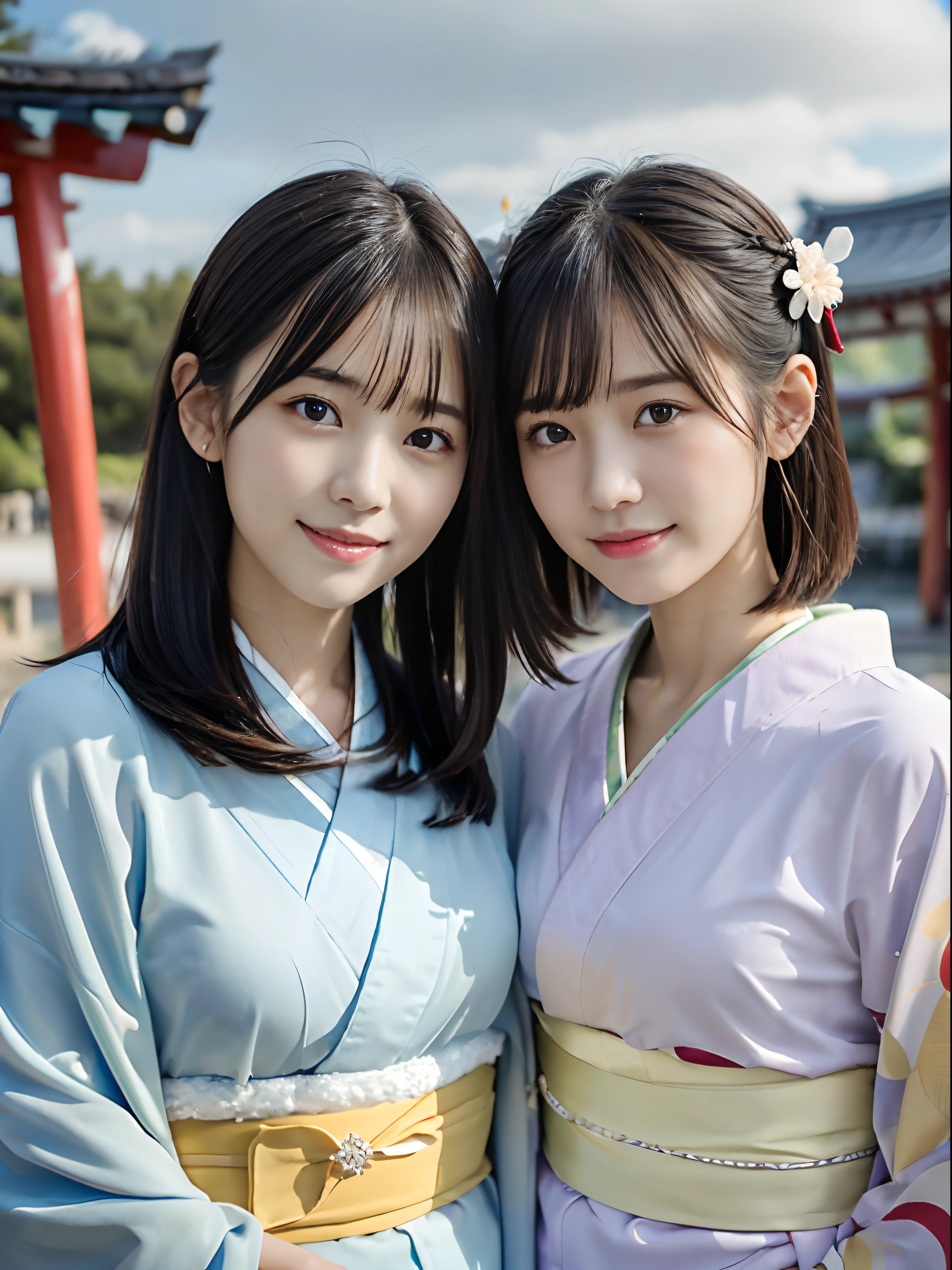 (Close up portrait of two girls with dull bangs dumpling hair in beautiful colorful kimono:1.5)、(Two girls enshrining a shrine in Japan with smiles:1.3)、(A shrine in Japan with a winter sky:1.5)、(Perfect Anatomy:1.3)、(No mask:1.3)、(complete fingers:1.3)、Photorealistic、Photography、masutepiece、top-quality、High resolution, delicate and pretty、face perfect、Beautiful detailed eyes、Fair skin、Real Human Skin、pores、((thin legs))、(Dark hair)
