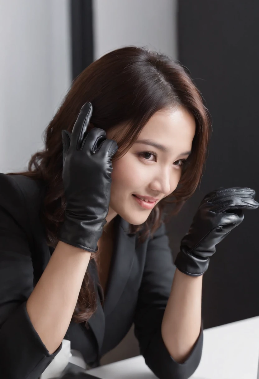 Wearing black leather gloves on both hands, Upper body, Black business suit, Facing the desk in my room with a computer in the dark, Look down and smile, Operating the computer with the fingertips of black leather gloves, Black hair was tied back for a long time, Japan female new employee who is still young and very cute (Black leather gloves cover both hands)kindly smile
