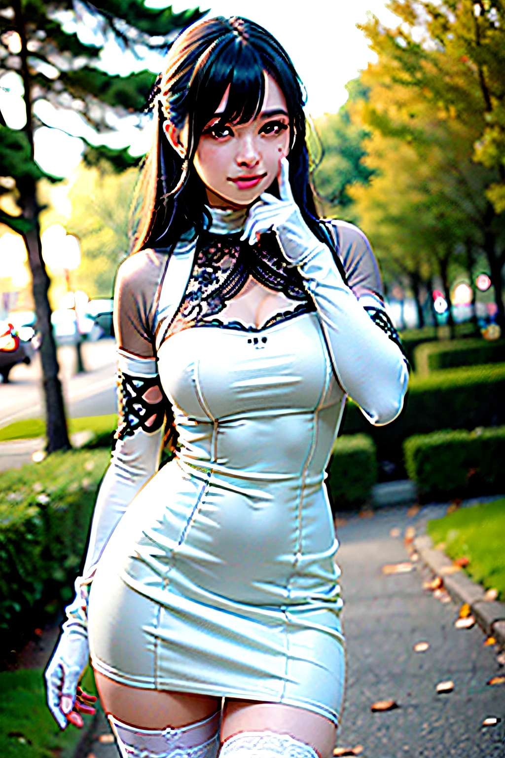 8k, best quality, real picture, intricate details, ultra-detailed, ultra highres, depth field,(photorealistic,realistic:1.2),cowboy shot, full body,(luminecos:1.4),1girl, naughty face, Best quality, masterpiece, ultra high res, RAW photo,masterpiece, best quality, (photorealistic:1.4), (narrow waist:1.2), delicate face
, outdoors,blurry background,
gloves, dress, black gloves, white dress, fingerless gloves, detached sleeves, thighhighs,
mafuyu,