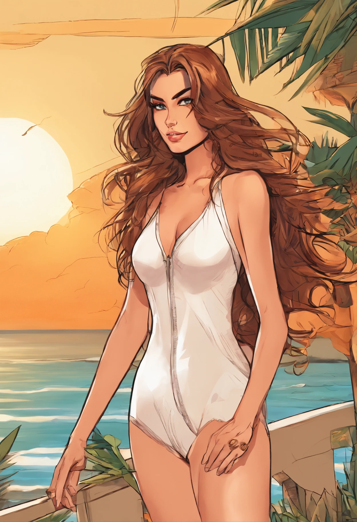 1girl, beautiful eyes, long brown hair, wearing white one piece, full body, masterpiece, florida beach, sunset, palm trees