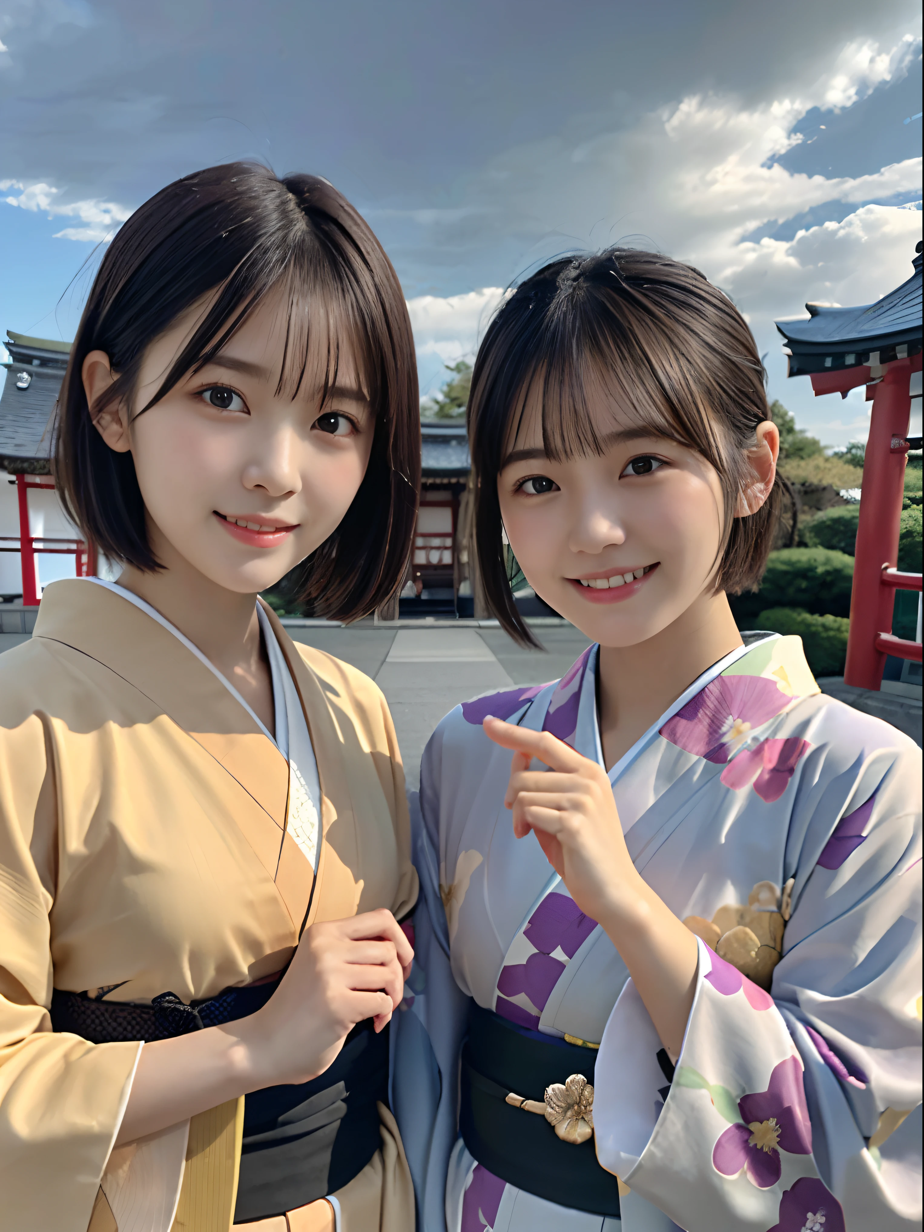 (Close up portrait of two ladies with dull bangs short hair in beautiful colorful kimono:1.5)、(Two ladies enshrining a shrine in Japan with smiles:1.3)、(A shrine in Japan with a winter sunset red sky:1.5)、(Perfect Anatomy:1.3)、(No mask:1.3)、(complete fingers:1.3)、Photorealistic、Photography、masutepiece、top-quality、High resolution, delicate and pretty、face perfect、Beautiful detailed eyes、Fair skin、Real Human Skin、pores、((thin legs))、(Dark hair)