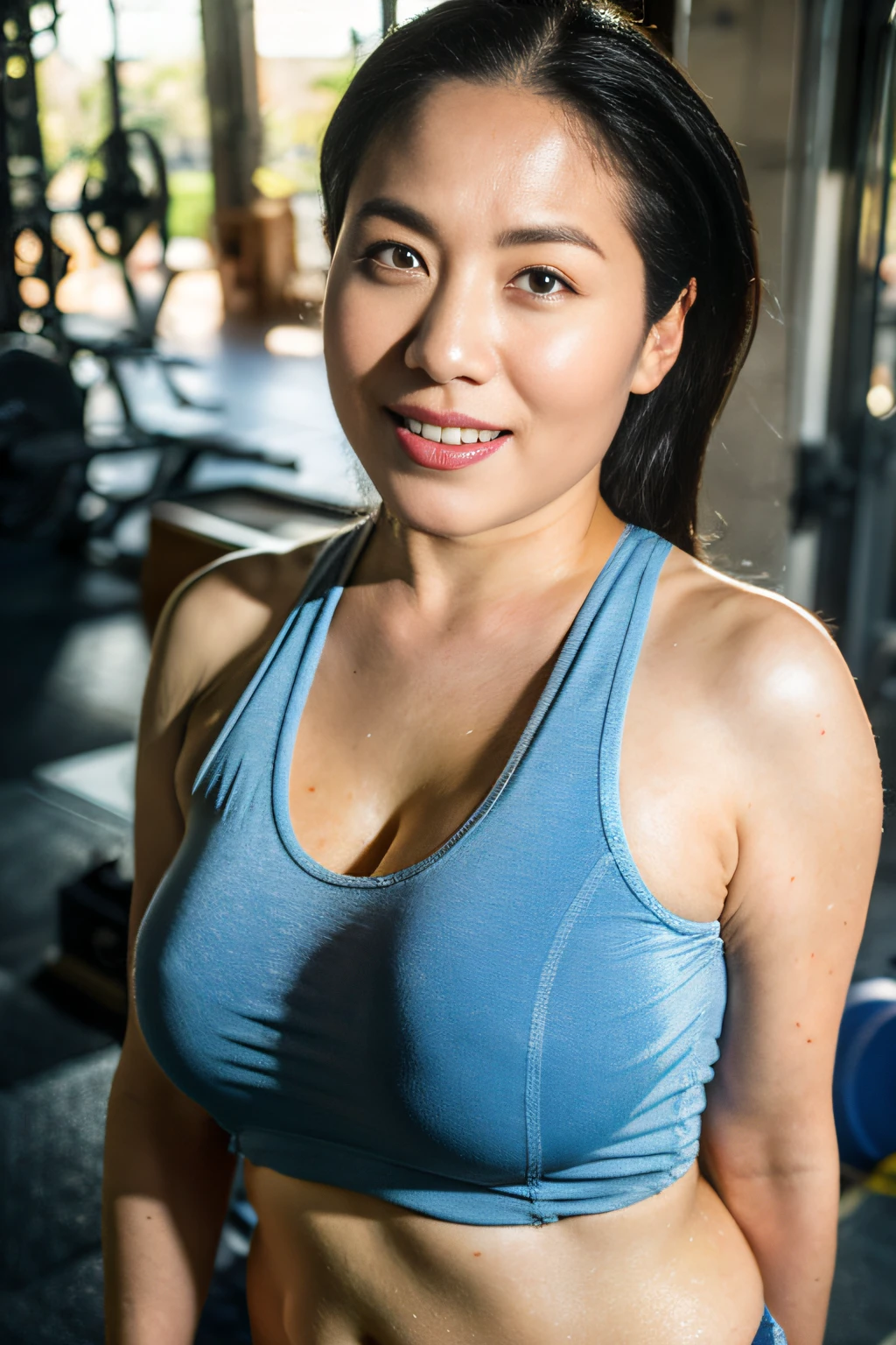 braless covered nipples ((top-quality、8K分辨率、Master masterpiece、Portrait:1.3)), Photorealsitic, 35㎜ film, 1girl in, A MILF,Beautie, Wrinkles at the corners of the eyes,Wrinkles around the mouth、Glamour,Seductive smile、naughty expression、Heavy breathing,Full body shot, looking at the spectator, Have cleavage , (get sweaty) ,(standing nipple)、(Navel Ejection),Tank tops_Sportsbra ,(Modern gym:1.2),Muscle training_squatt, (Thin sportswear)、Indoor photography_sports gym、Training Machines、Bright natural light、daytime