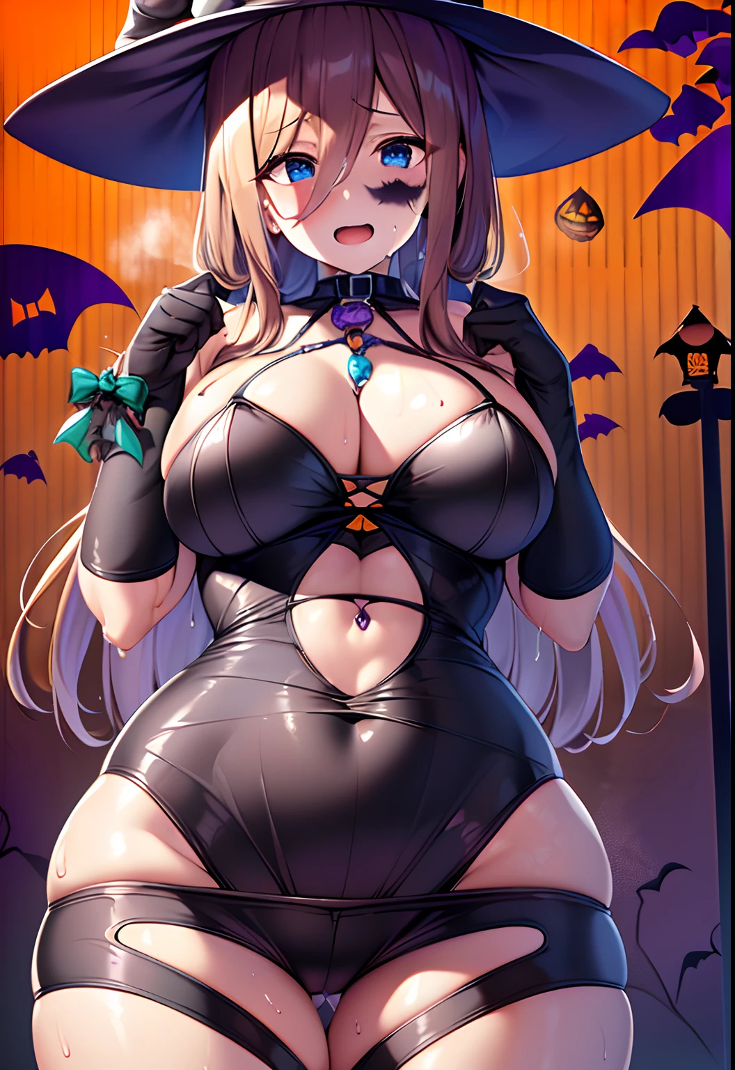 top-quality、Highly detailed anime super detail、masterpiece、tre anatomically correct、Detailed hand、(Mother 1.6)、8K、I love my tides、sexual excitement、Upper line、huge-breasted、thighs thighs thighs thighs、cold sweat、Sweat profusely、Friendly face、Stuffiness、Foreplay、(Halloween Clothes:1.6)、Moisturizing skin、(Drenched body:1.3)、Detail Eye、NSFW、erotick、Glossy lotion on the head、oppressive、Best Necklaces、cum on、Stuffiness、Lustrous hair、Throwing kisses、Wink、hair on the crotch、Halloween backgrounds、 Vibe insertion、masturbation、Streaks in the crotch、Frontal view、full-body view