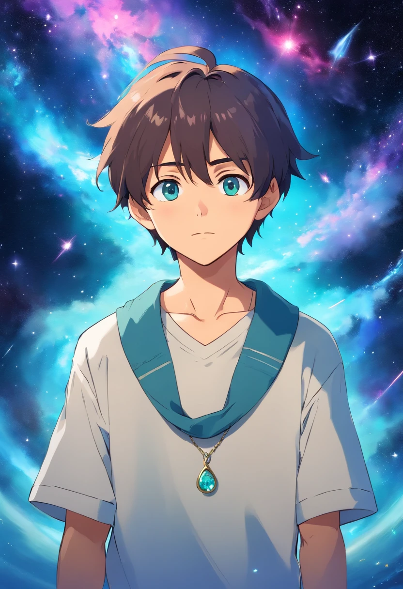 Anime Collar Boy, Long necklace, Galaxy Boy, colorful animation stills,, aquamarine, paul gauguin, Embry style, Honest portrayal、rightward、Computer work