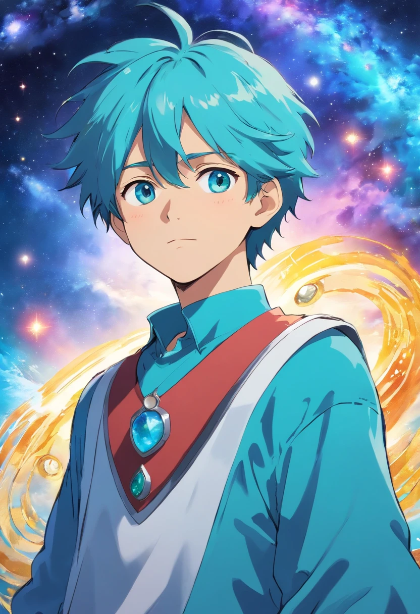 Anime Collar Boy, Long necklace, Galaxy Boy, colorful animation stills,, aquamarine, paul gauguin, Embry style, Honest portrayal、rightward、Computer work