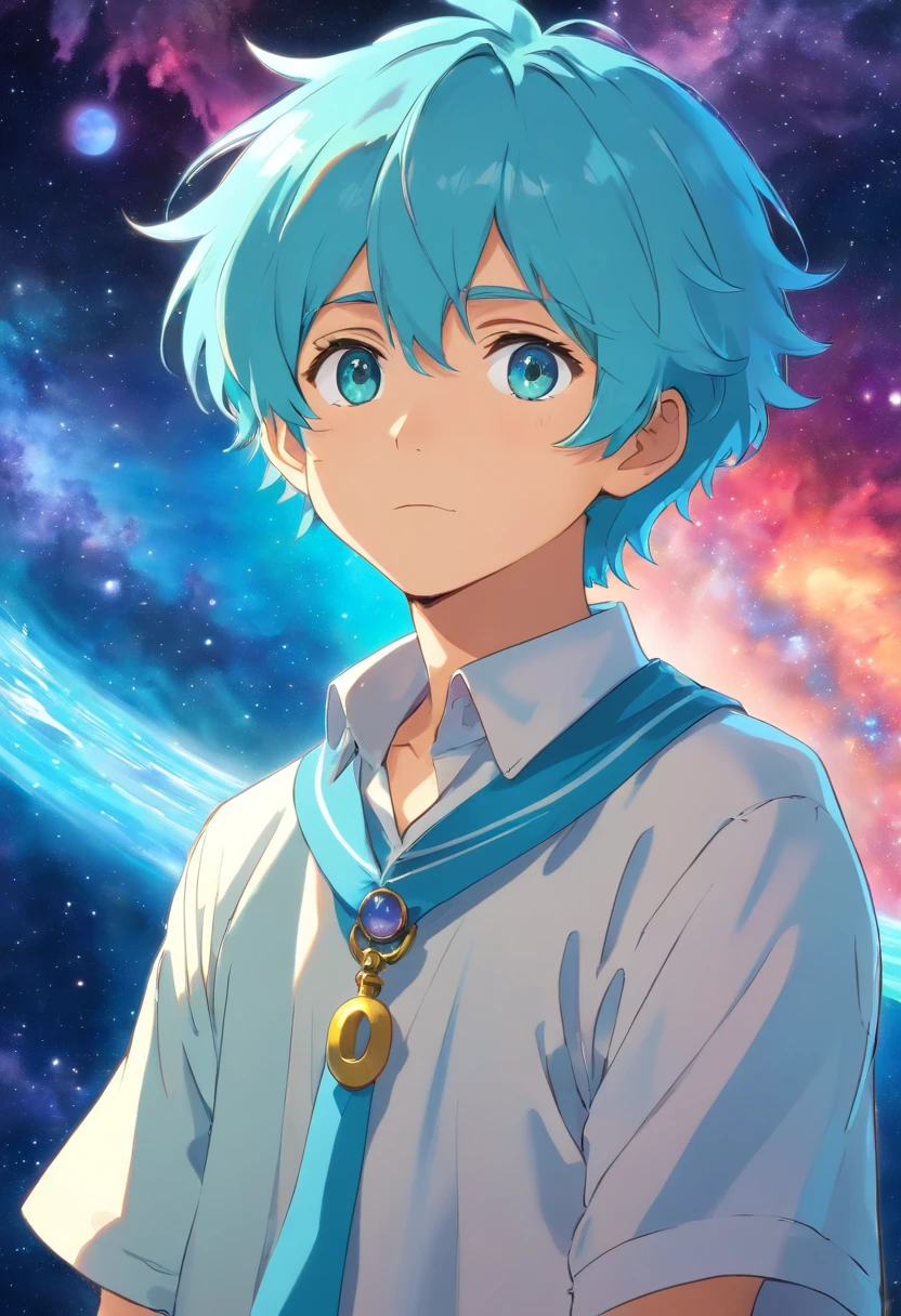Anime Collar Boy, Long necklace, Galaxy Boy, colorful animation stills,, aquamarine, paul gauguin, Embry style, Honest portrayal、rightward、Computer work