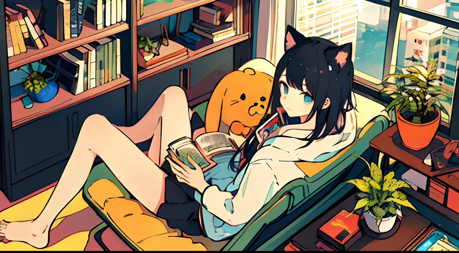 One girl, from above, plant, black hair, cat, lying down, indoors, holding, long sleeve, long hair, stuffed animal, potted plant, book, food, window, telephone, loaded interior, television, short hair, on the back, plush toy, bangs, slippers, barefoot, sitting, bookcase, shelf, cable, computer