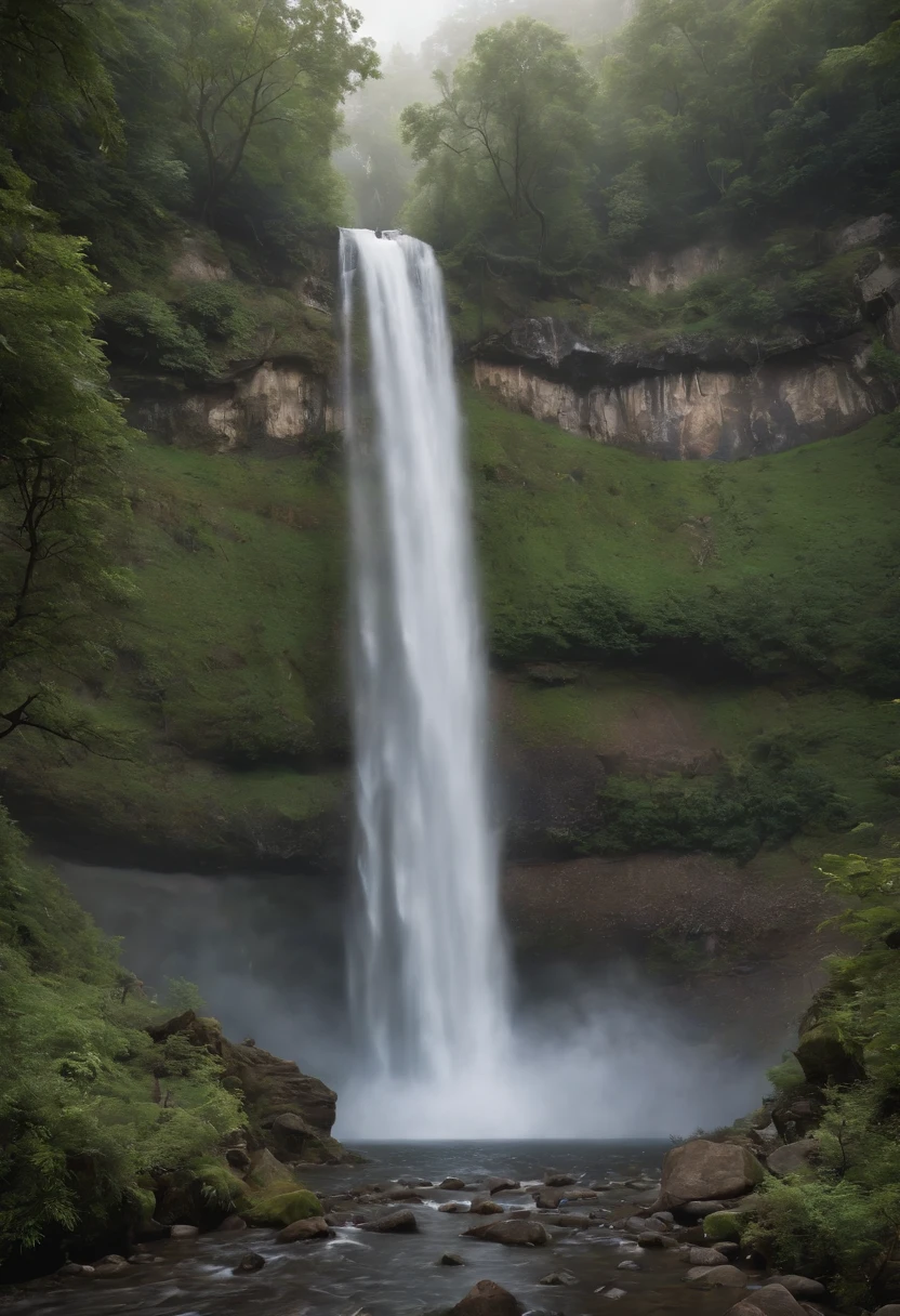 (best quality,highres,ultra-detailed,realistic:1.2),Large Mountain, waterfall, Tree, night, foggy, Big rock under the waterfall, dreamy atmosphere, misty surroundings, serene moonlight, majestic scenery, soothing ambient sound, mystical aura
