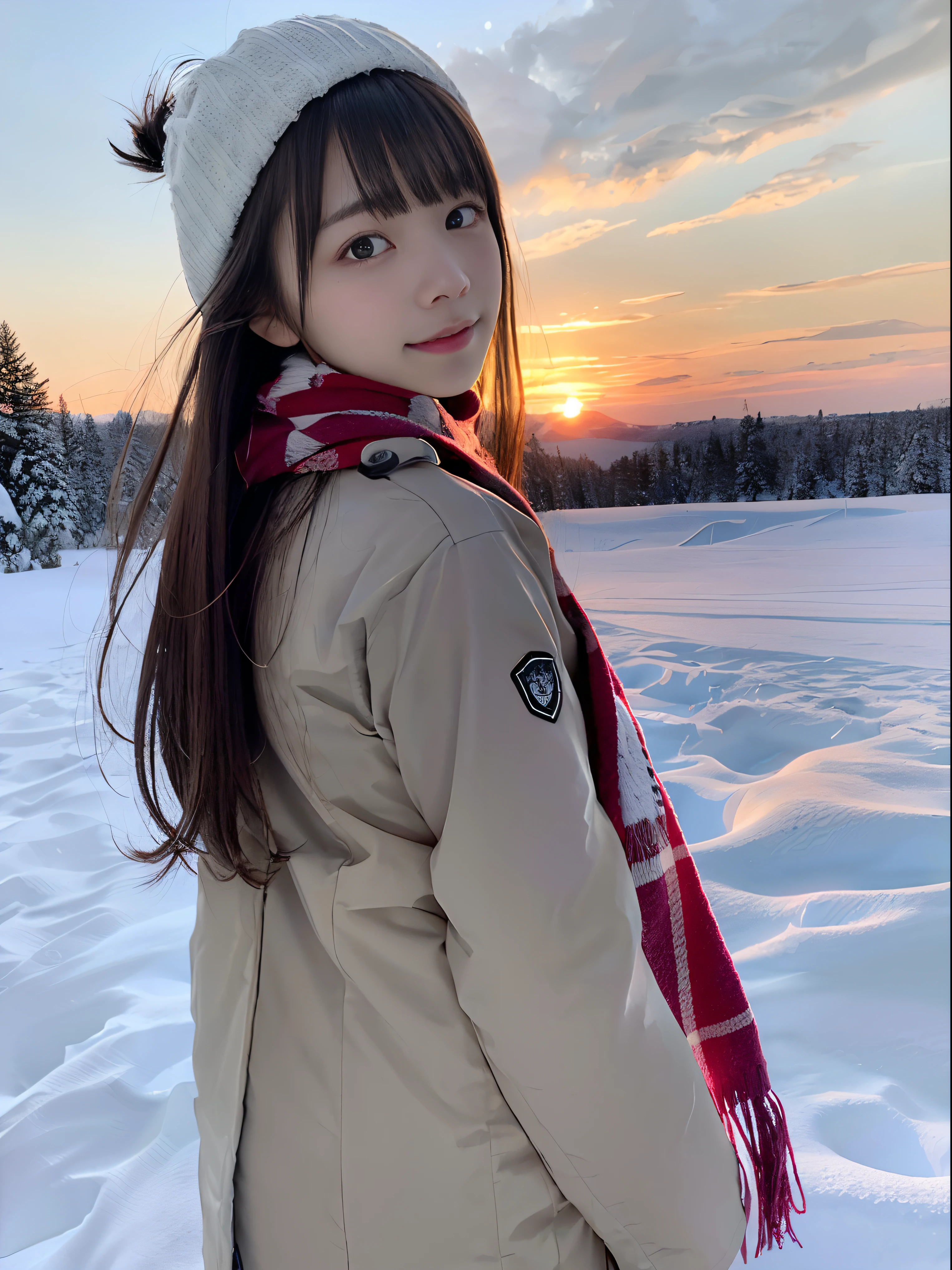 (Super close-up from the back of one slender girl has long hair with dull bangs in winter uniform with scarf:1.5)、(One girl、I let my hair flutter in the wind、I turned around with a sad expression. :1.3)、(Beautiful snowy sunset red sky:1.5)、(Perfect Anatomy:1.3)、(No mask:1.3)、(complete fingers:1.3)、Photorealistic、Photography、masutepiece、top-quality、High resolution, delicate and pretty、face perfect、Beautiful detailed eyes、Fair skin、Real Human Skin、pores、((thin legs))、(Dark hair)