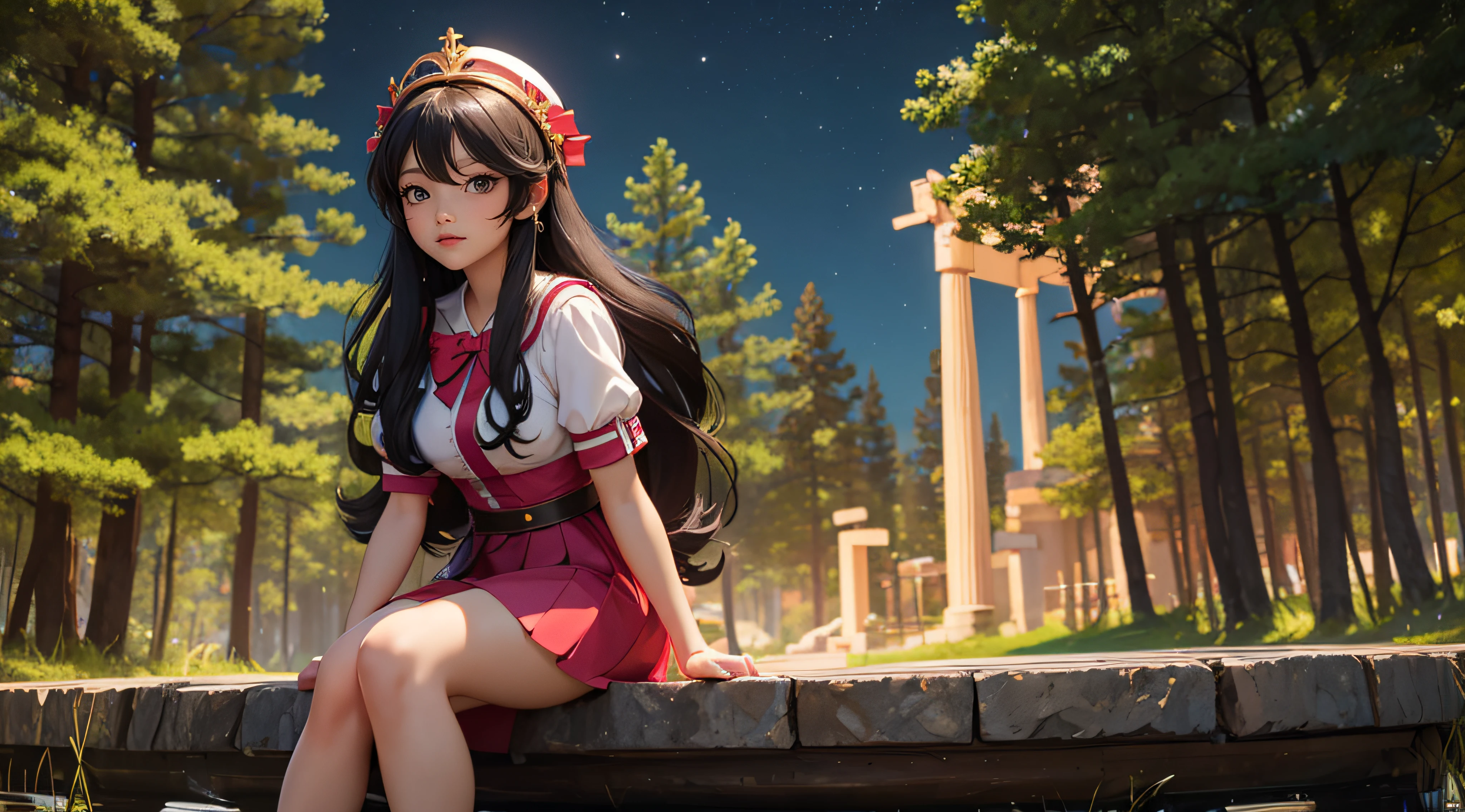 (masterpiece, best quality), 1girl(Athena_Asamiya), cute dress, long black hair, sitting, beautiful outdoor background, night, forest