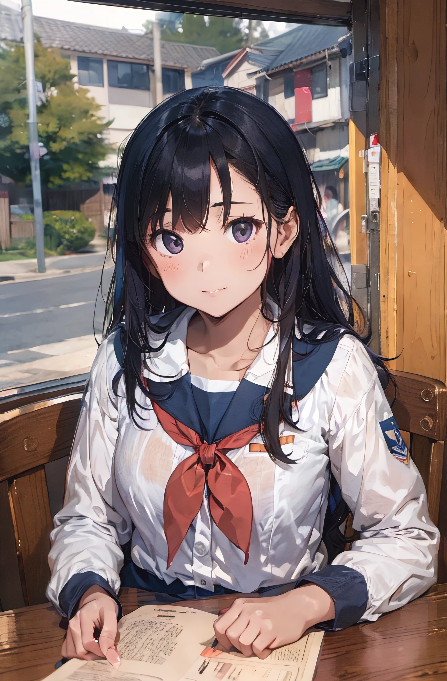 Arab-asian woman in sailor's uniform sitting at table, wearing japanese school uniform, japanese girl school uniform, Cute Schoolgirl, Young Pretty Gravure Idol, Young Gravure Idol, Young skinny gravure idol, a hyperrealistic schoolgirl, Sailor Uniform, Academy of Magic Uniform, Delicate collar