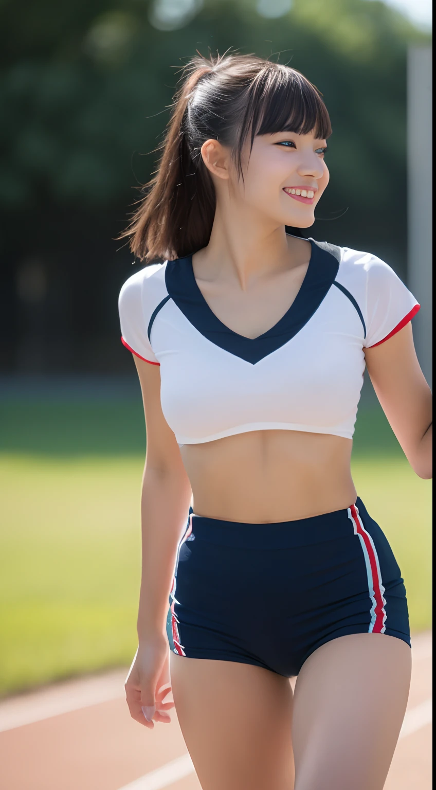 (top-quality、超A high resolution、masterpiece:1.3)、A tall and pretty woman、longeyelashes, Medium hair with bangs, longeyelashes, Parted lips, surrealism, drop shadow, anaglyph, Verism, depth of fields, Backlighting, Expose F/1.2, Super Detail, ccurate, Best Quality, nffsw, masutepiece, A detailed eye, Textured skin, wetted skin, Best Quality, 8K, blurry backround, ((big breasts thin waist, skinny thigh:1.1, long legged)), (Colossal tits), Natural Color Lip, ssmile, Young woman in perfect style, sport uniform, Land Track, Practice scene, Sports pants