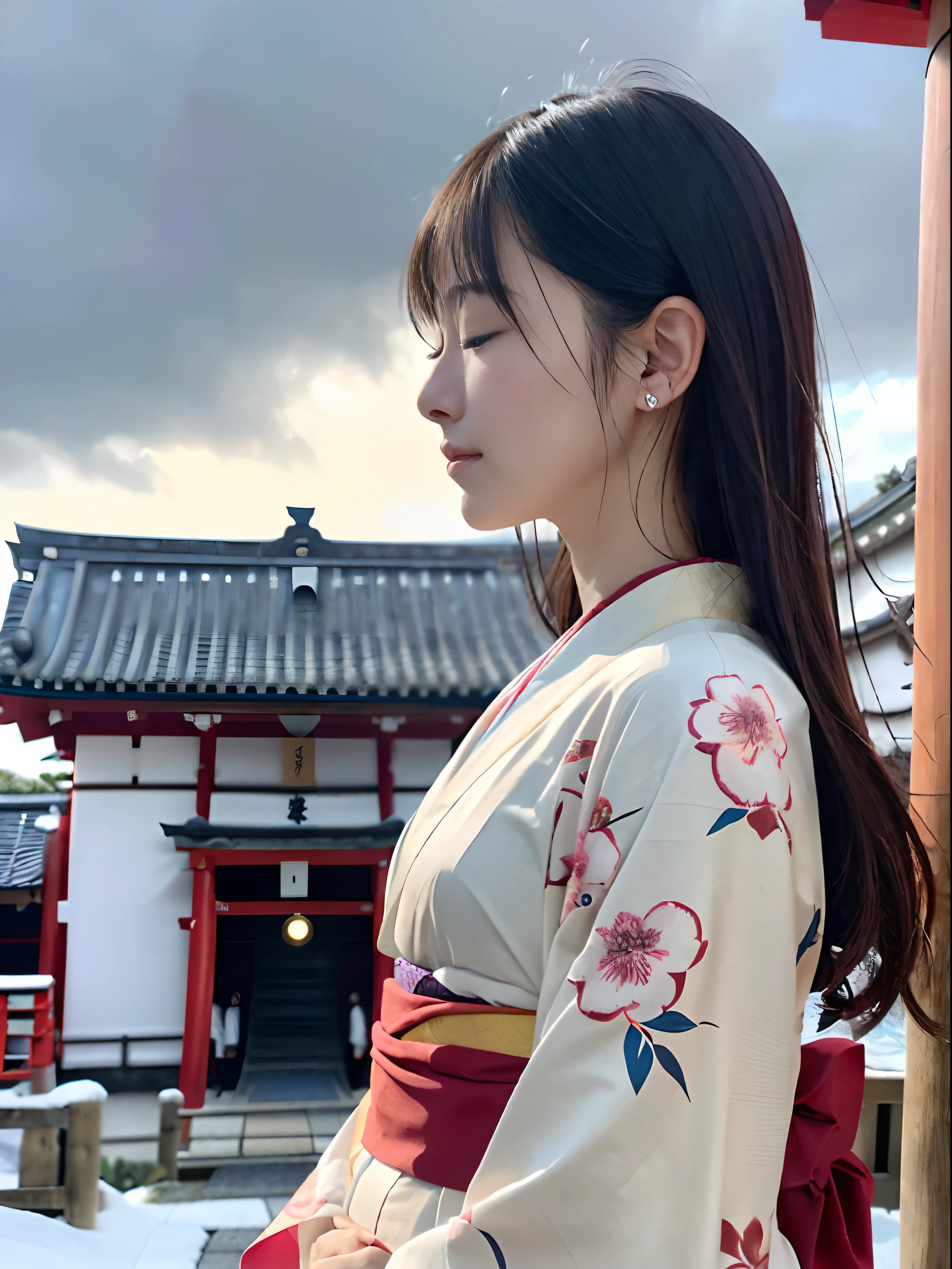 (Close up profile shot of lady with dull bangs long hair in beautiful colorful kimono:1.5)、(One lady put palm together with close eyes at the shrine of Japan:1.5)、(A shrine in Japan with a winter sky:1.5)、(Perfect Anatomy:1.3)、(No mask:1.3)、(complete fingers:1.3)、Photorealistic、Photography、masutepiece、top-quality、High resolution, delicate and pretty、face perfect、Beautiful detailed eyes、Fair skin、Real Human Skin、pores、((thin legs))、(Dark hair)