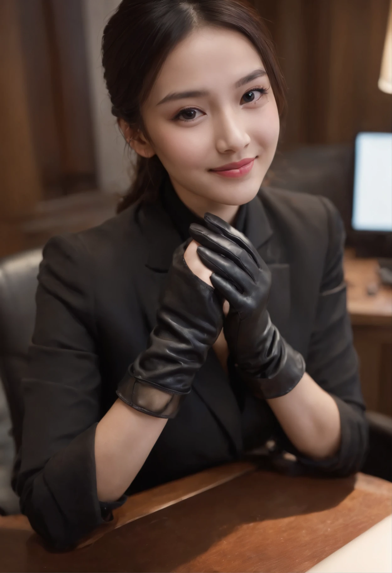 Wearing black leather gloves on both hands, Upper body, Black business suit, Facing the desk in my room with a computer in the dark, Look down and smile, Operating the computer with the fingertips of black leather gloves, Black hair was tied back for a long time, Japan female new employee who is still young and very cute (Black leather gloves cover both hands)kindly smile