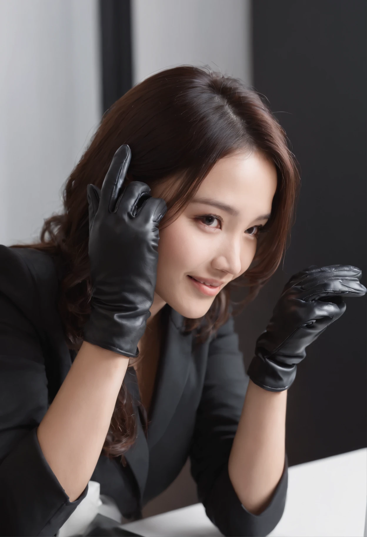Wearing black leather gloves on both hands, Upper body, Black business suit, Facing the desk in my room with a computer in the dark, Look down and smile, Operating the computer with the fingertips of black leather gloves, Black hair was tied back for a long time, Japan female new employee who is still young and very cute (Black leather gloves cover both hands)kindly smile