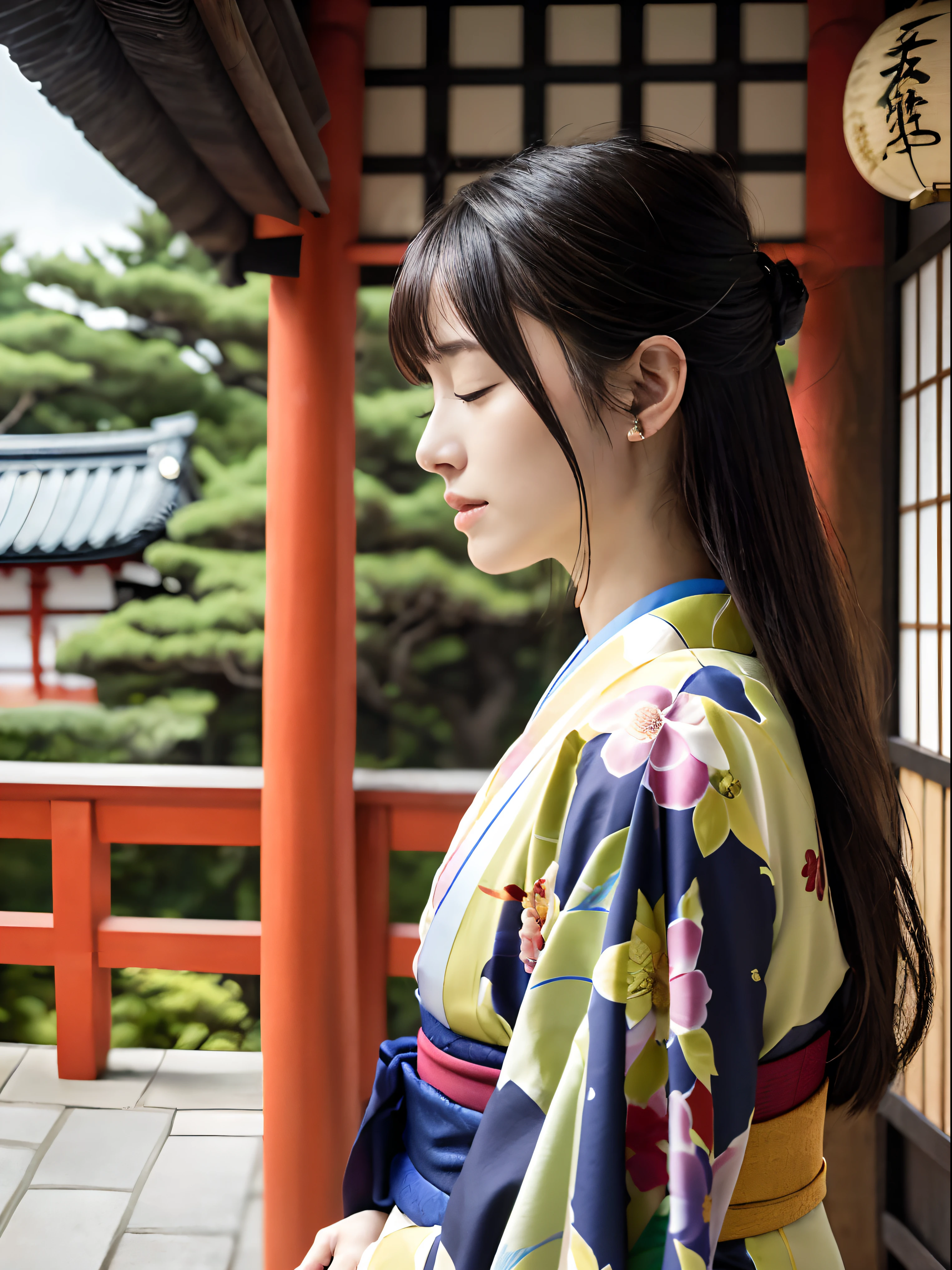 (Close up profile shot of lady with long hair with dull bangs in beautiful colorful kimono:1.5)、(One lady closed her eyes and palms together at a shrine in Japan:1.5)、(A shrine in Japan with a winter sky:1.5)、(Perfect Anatomy:1.3)、(No mask:1.3)、(complete fingers:1.3)、Photorealistic、Photography、masutepiece、top-quality、High resolution, delicate and pretty、face perfect、Beautiful detailed eyes、Fair skin、Real Human Skin、pores、((thin legs))、(Dark hair)