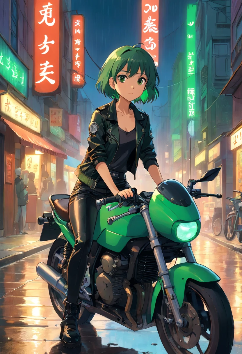 1girl, brown skin, short green hair, brown eyes, wearing black tank top, wearing black_green leather jacket, black leather pants, sitting on motorcycle, at night, black leather boots, city street, ground wet from rain, fall, night time, neon sign in background, beautiful, absurdres, high res, ultrasharp, 8k, masterpiece, looking at viewer.
