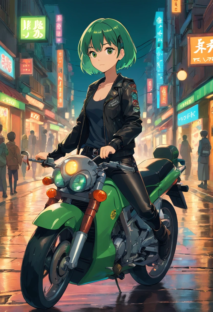 1girl, brown skin, short green hair, brown eyes, wearing black tank top, wearing black_green leather jacket, black leather pants, sitting on motorcycle, at night, black leather boots, city street, ground wet from rain, fall, night time, neon sign in background, beautiful, absurdres, high res, ultrasharp, 8k, masterpiece, looking at viewer.