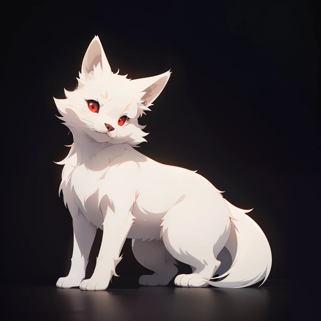 (best quality,ultra-detailed),((anime style)),(vivid colors:1.1),(bokeh:1.1),artistic,carefully drawn,soft texture,striking contrast,elegant posture,delicate features,adorable expression,charming gaze,playful demeanor,endearing,mesmerizing,subtle shadowing,subdued lighting,attention to detail,highly defined whiskers,sleek and smooth fur,pure color palette,glossy finish,full body,simple composition,sublime simplicity,depth and dimension,exquisite beauty,emotive and captivating,A cute small white fox in the black background,(red eyes,white fur,full body),walkimg