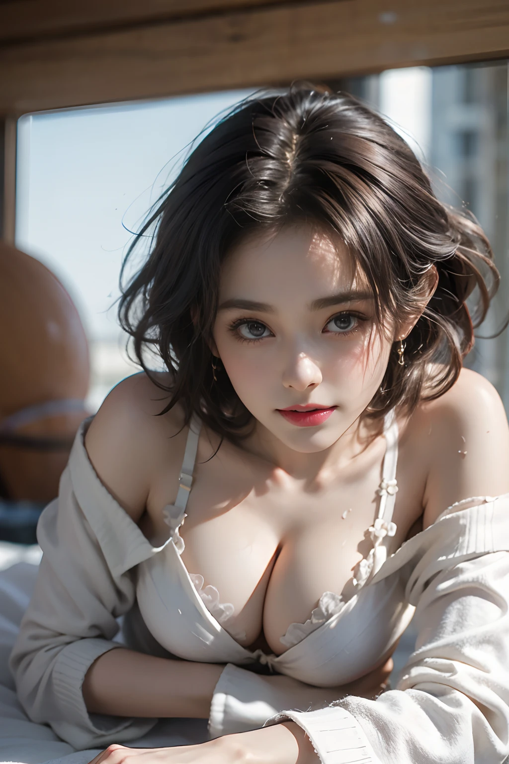 (8K, Raw photography, top-quality, ​masterpiece:1.2), 1womanl, 3 d,  japanes, Bare_shoulders, the bow, bra very, huge-breasted, brown_Eyes, brown_hair, cleavage of the breast, greys_Background, s lips, Short_hair, long_sleeves, up looking_で_viewer, a navel, nase, Off_Shoulder, Open_Clothes, Open_Shirt, panties on, realisitic, The shirt, 独奏, Stomach, undergarment, unwear, The upper part of the body_Body, white_Bra, white_Panties, white_Shirt,shinny skin、Beautiful delicate face、Beautiful delicate eyes、(realisitic、Photo Real:1)、laying down on the bed、She's sweaty