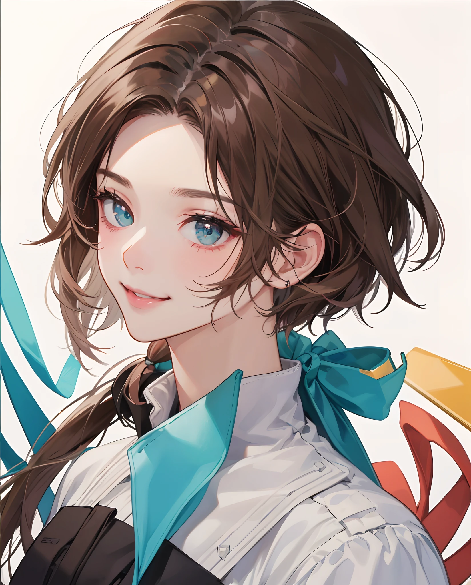 ((top-quality、8k、​masterpiece:1.3))、1girl in、a smile、full bodyesbian、Slim Faces、Pretty women、(dark brown  hair)、White Doshi:1.1、hyperdetailed face、A detailed eye、二重まぶた、blured background、Slim Faces、fitness、short-cut