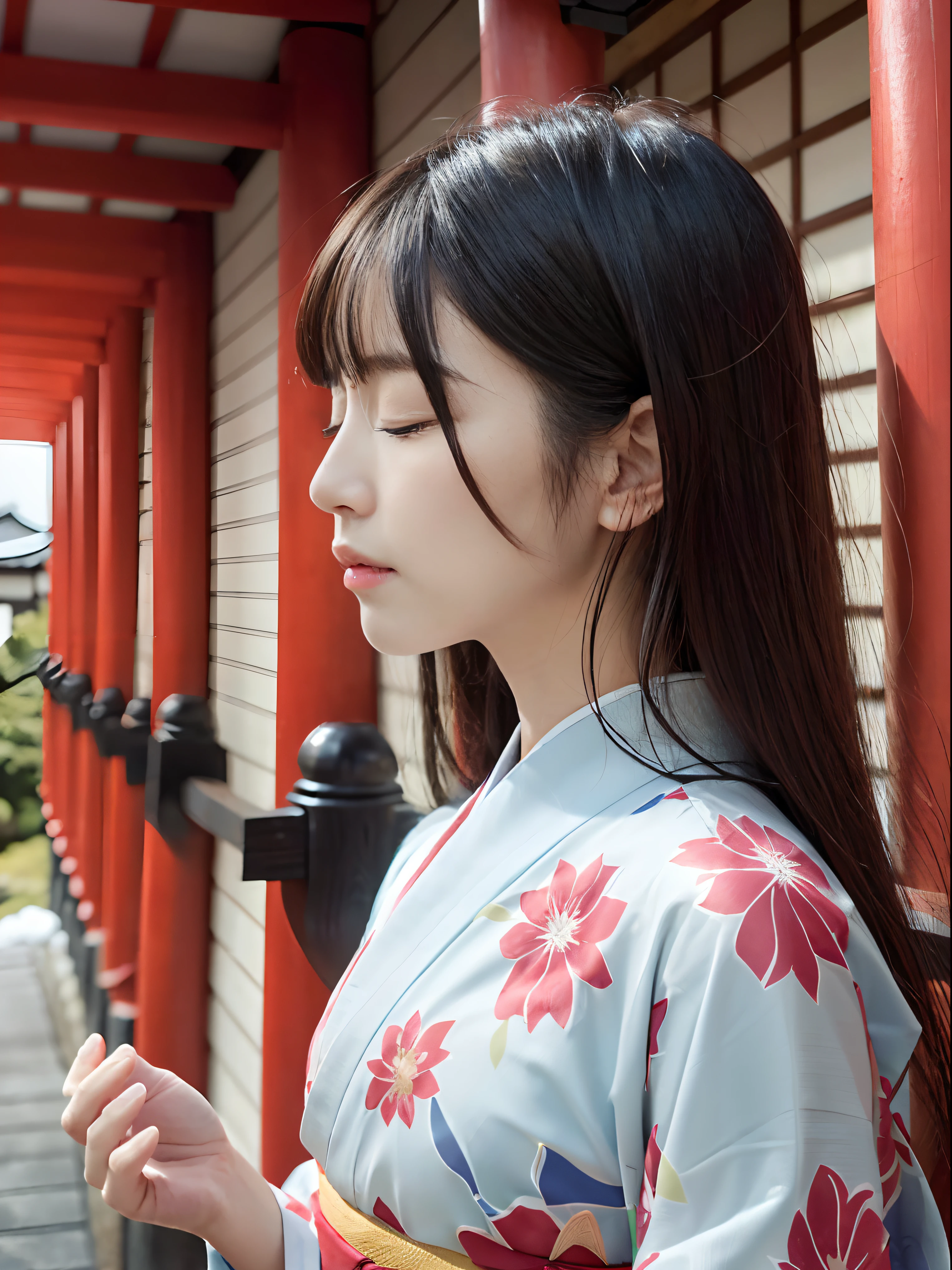 (Close up profile shot of lady with long hair with dull bangs in beautiful colorful kimono:1.5)、(One lady closed her eyes and palms together at a shrine in Japan:1.5)、(A shrine in Japan with a winter sky:1.5)、(Perfect Anatomy:1.3)、(No mask:1.3)、(complete fingers:1.3)、Photorealistic、Photography、masutepiece、top-quality、High resolution, delicate and pretty、face perfect、Beautiful detailed eyes、Fair skin、Real Human Skin、pores、((thin legs))、(Dark hair)