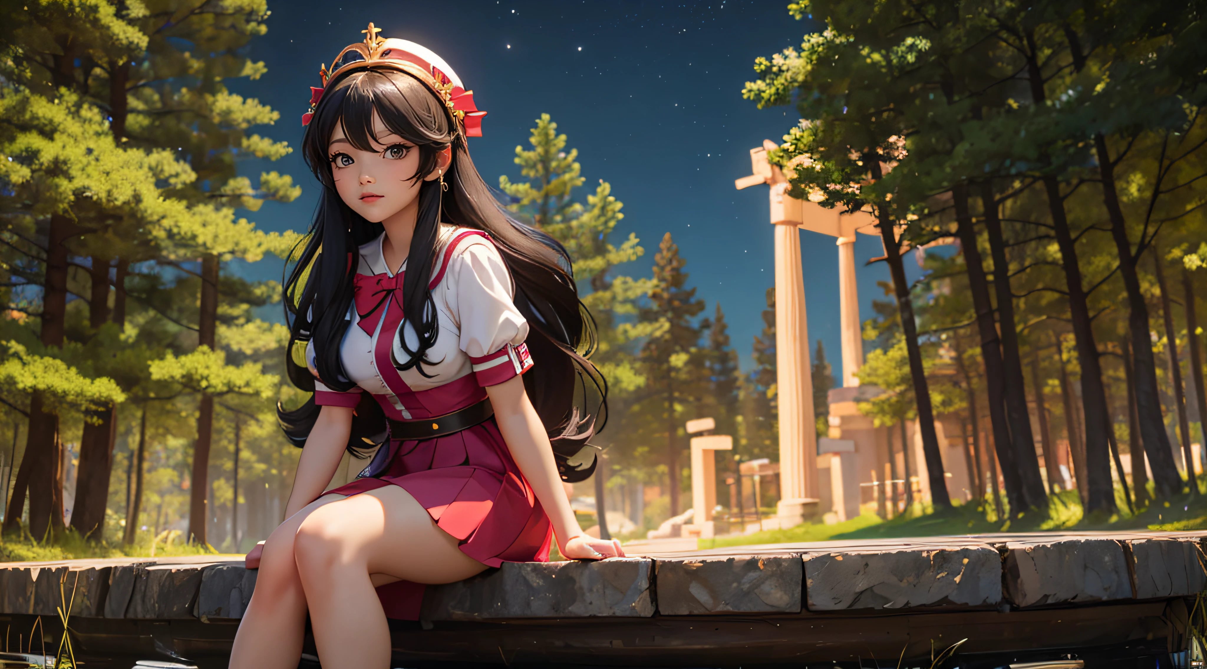 (masterpiece, best quality), 1girl(Athena_Asamiya), cute dress, long black hair, sitting, beautiful outdoor background, night, forest