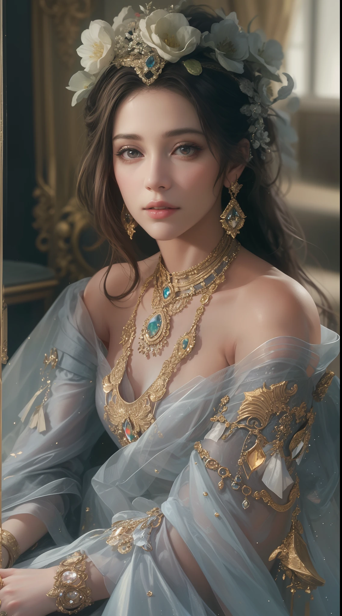 (Best quality,8K,A high resolution,Masterpiece:1.2),Ultra-detailed,(Realistic,Photorealistic,photo-realistic:1.37),Portrait,Creative style artwork,Historical,classical,Sophisticated,plethora of colors,Highly detailed,Soft lighting,luxurious environment,detailed gown,Vibrant flowers,detailed jewellery,Ethereal atmosphere,Elegant Pose,Graceful curves,Gold body proportions,Flowing hair,Breathtaking textile patterns,Harsh purple eyes,Delicate floral decoration,A dazzling array of crystal accessories,Mysterious and dreamy atmosphere,Impeccable attention to detail.
